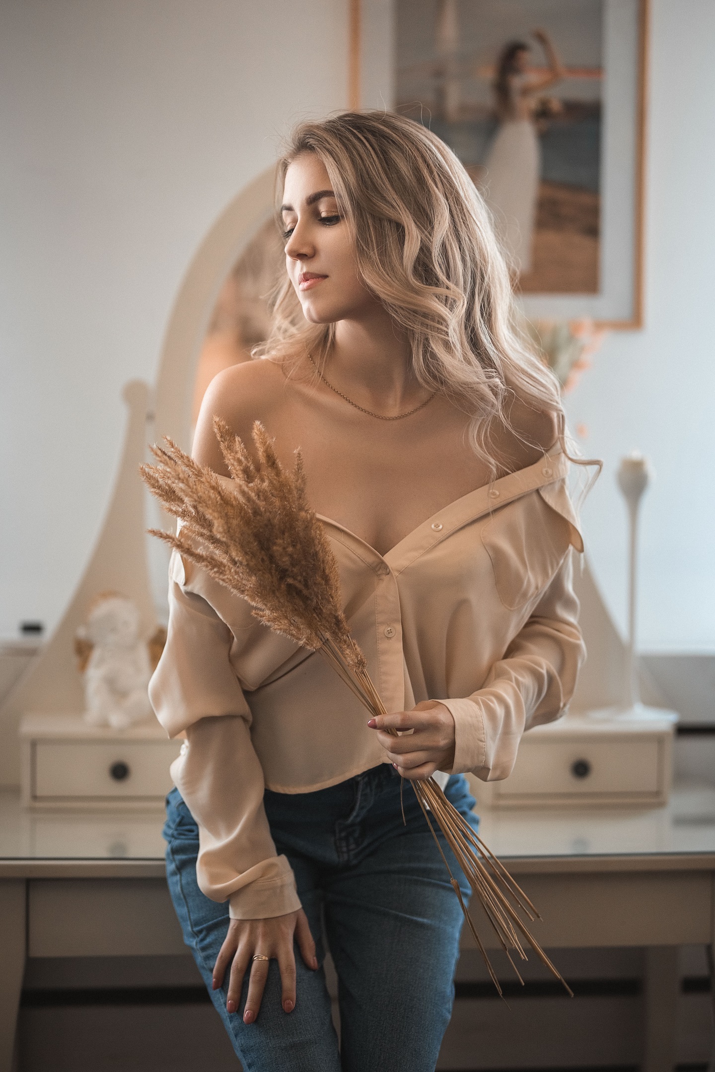 Vladimir Vasilev Women Blonde Long Hair Wavy Hair Shirt Plants Jeans Denim Indoors 1440x2160
