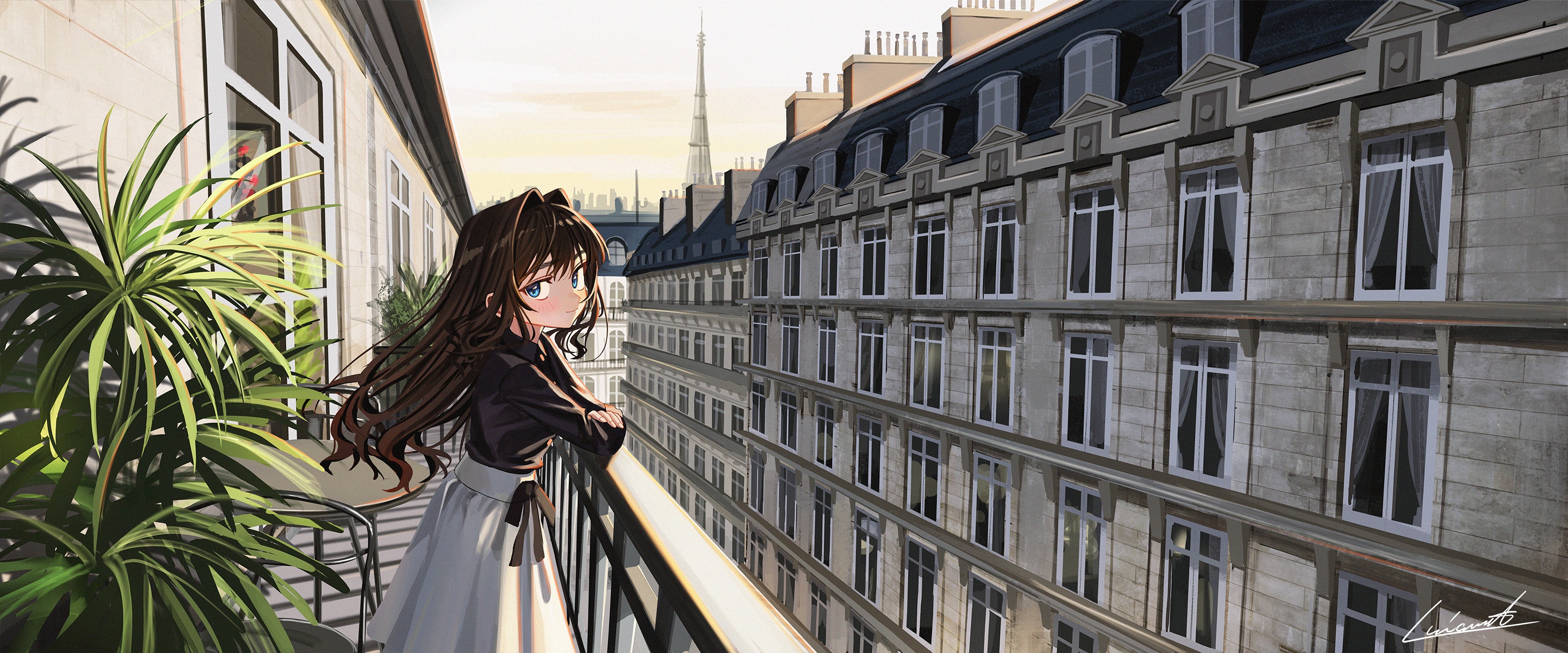 Anime Anime Girls Paris Eiffel Tower 3000x1250