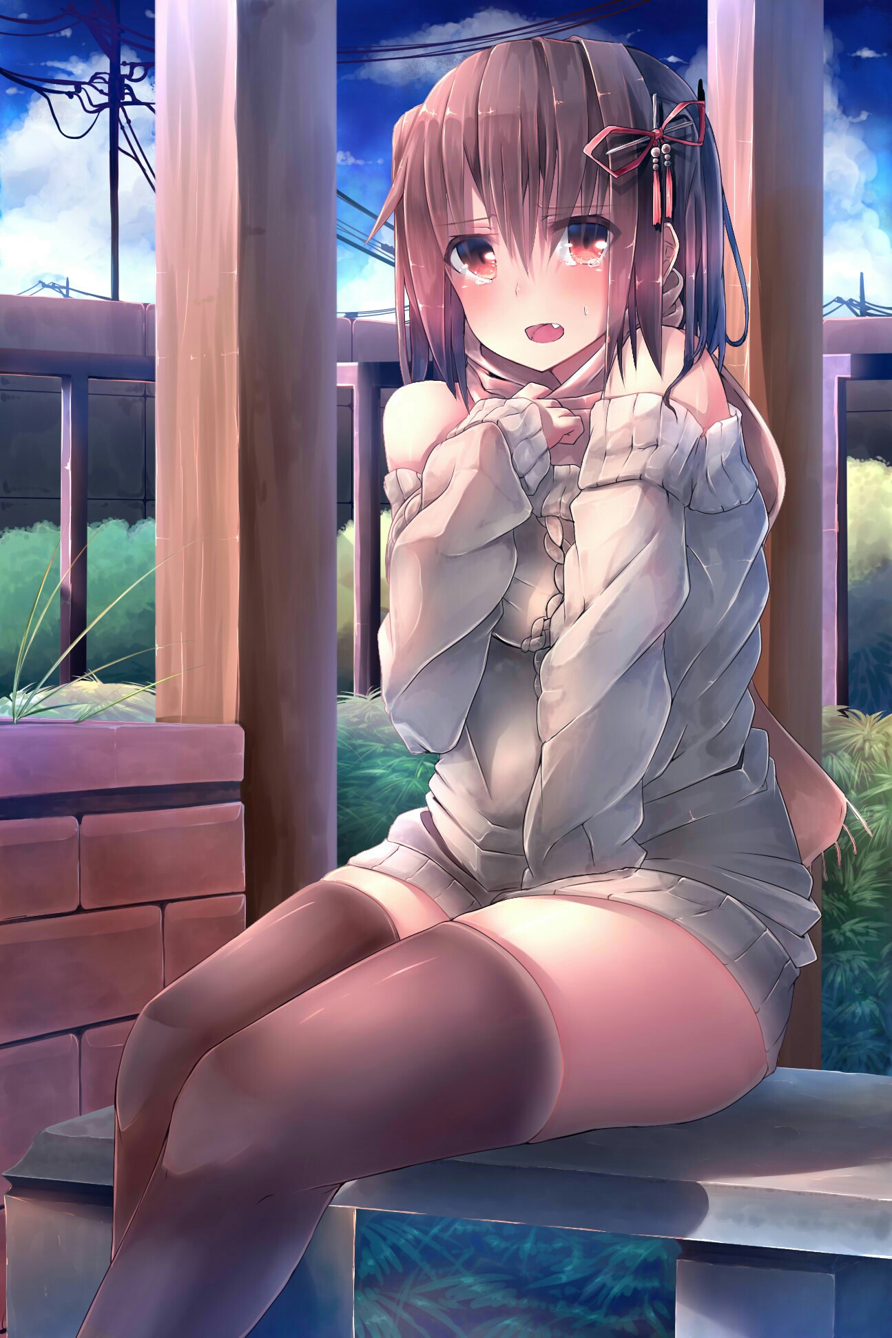 Brunette White Sweater Sitting Down Pointy Tooth Hair Bows Crying 1295x1943