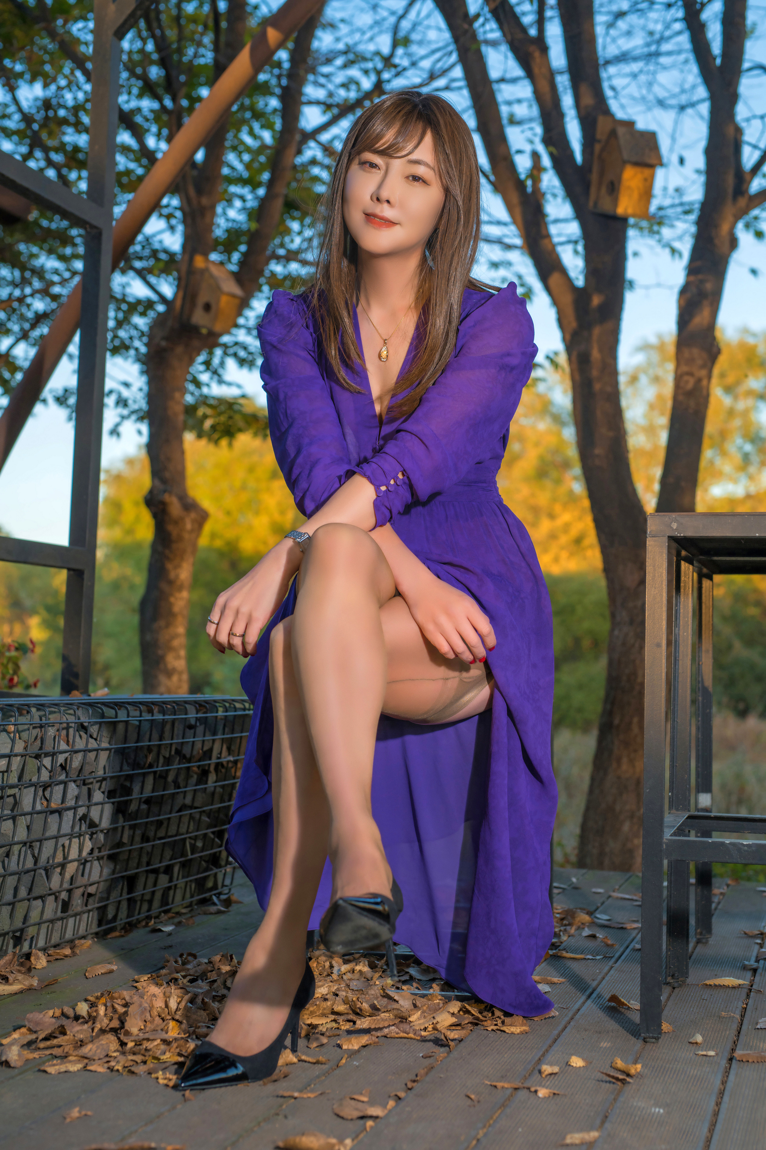 Asian Model Women Long Hair Brunette Sitting Purple Dress Trees Black High Heels Depth Of Field Tabl 2560x3840