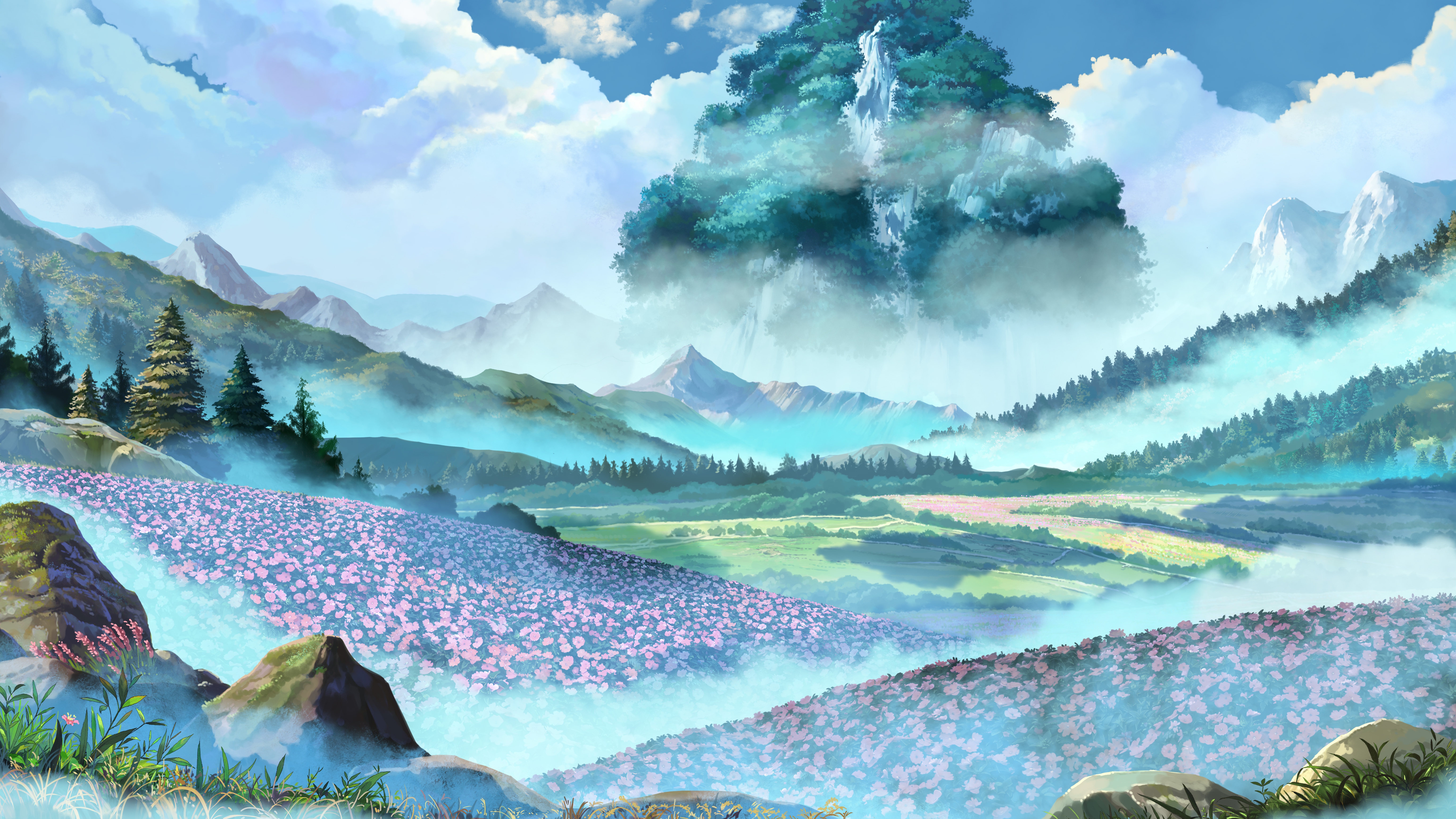 Landscape Anime Flowers Field Plants Sky Nature Fantasy Art 6174x3472