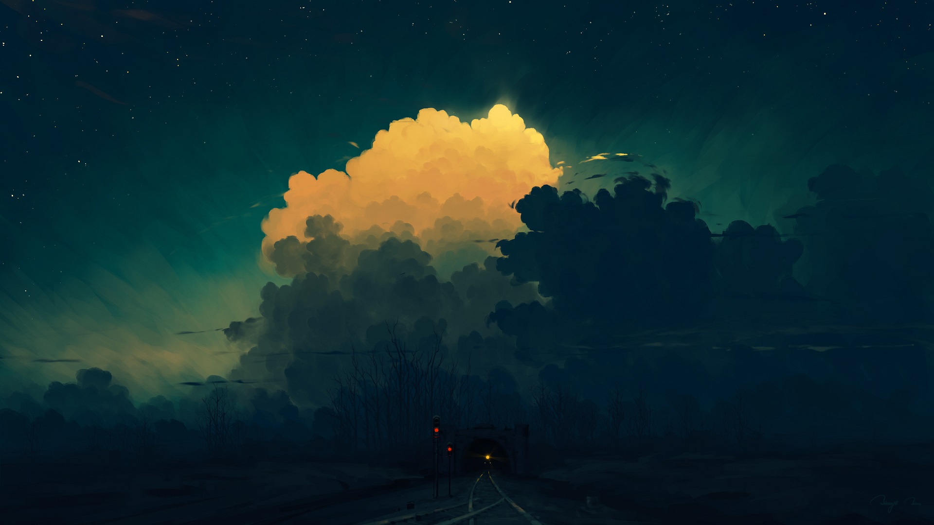 Digital Painting Midnight Train Tunnel Sky Clouds BisBiswas 1920x1080
