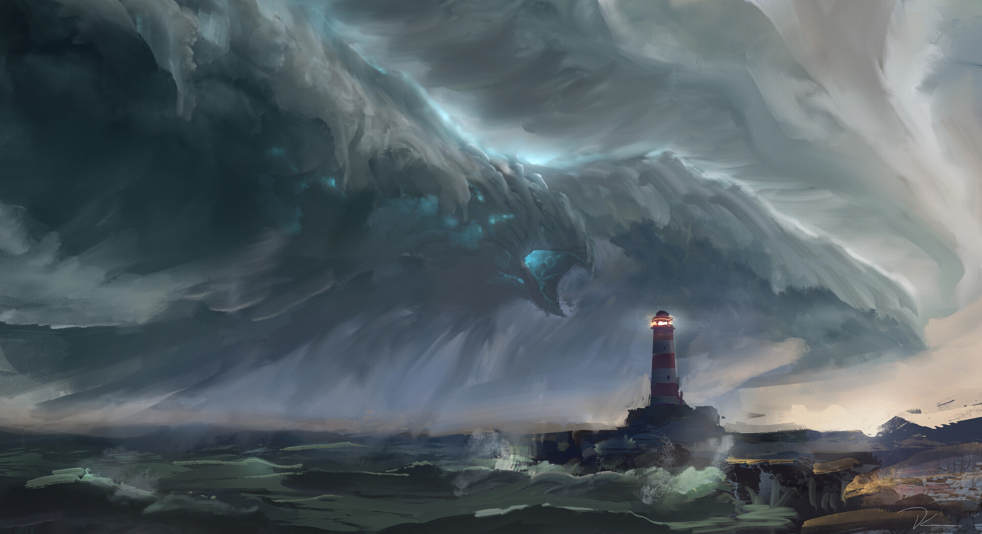 Artwork Fantasy Art Sea Storm Lighthouse 1920x1045