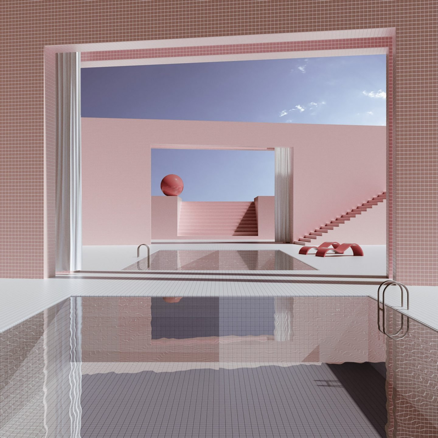 Water Sky Clouds Tiles Pink 3D White Stairs Liminal Surreal 1440x1440