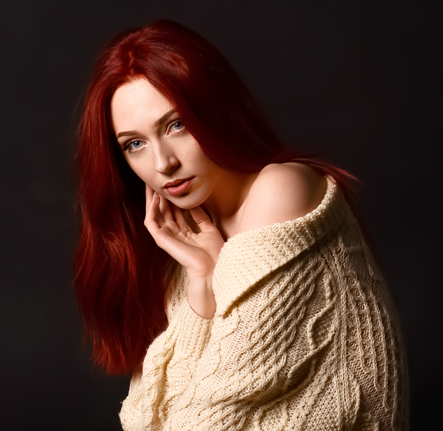 Ievgen Vozniuk Women Redhead Long Hair Wavy Hair Sweater White Clothing Makeup Blue Eyes Simple Back 1481x1440