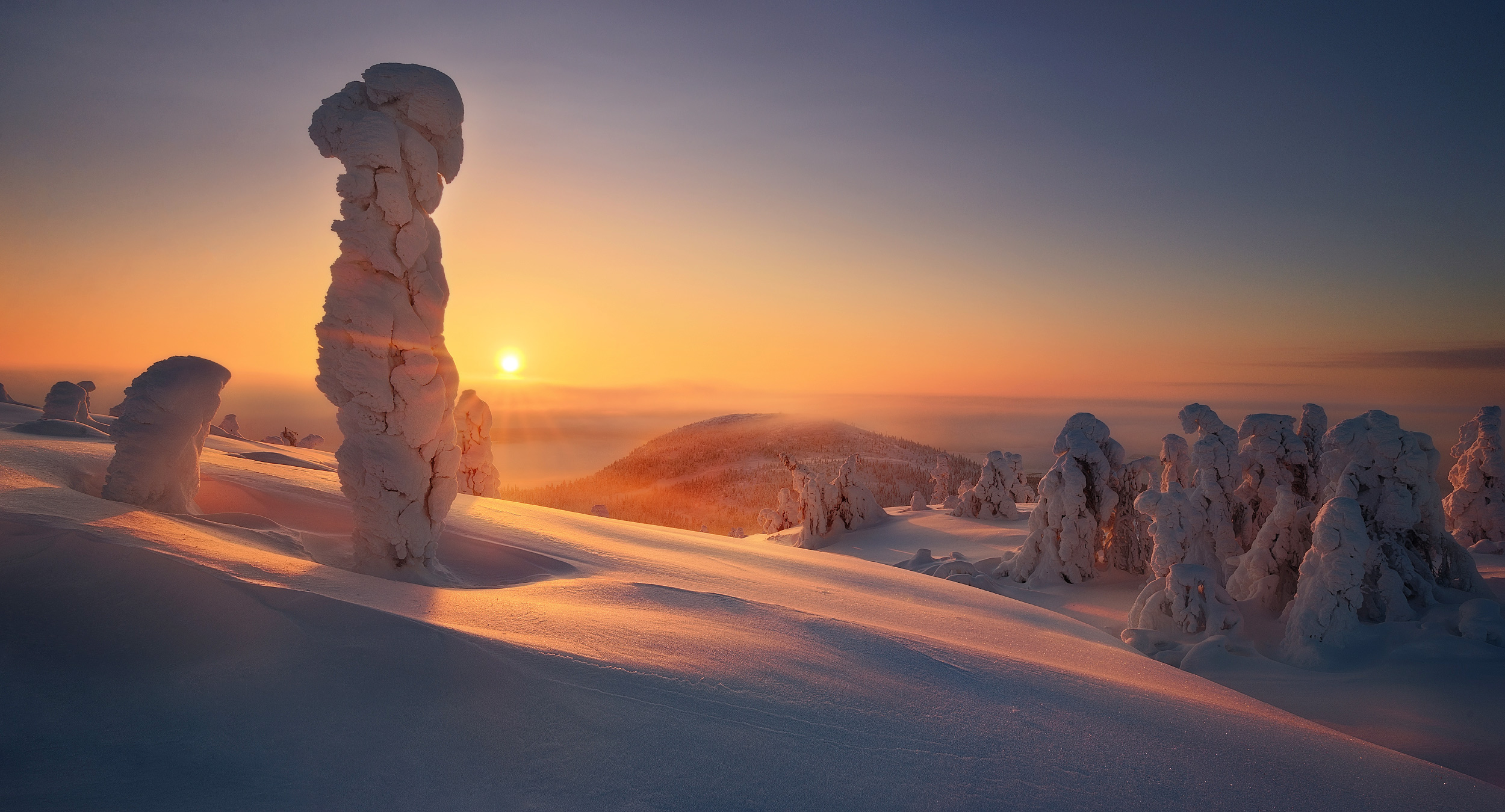 Cold Winter Snow Snow Covered Sun Sunset Warm Light Sky Landscape Photography Outdoors Nature 2500x1350