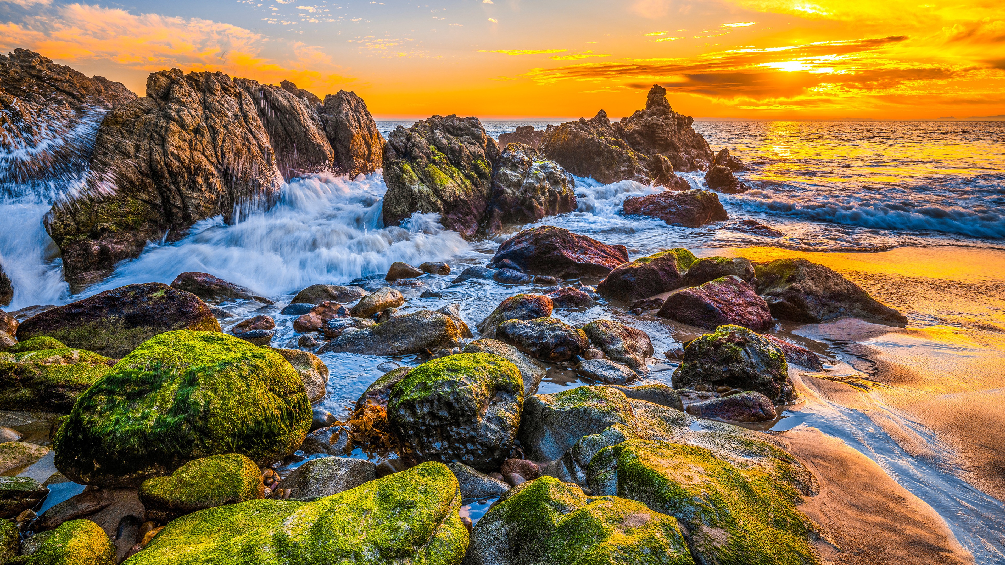 Malibu California USA Nature Sky Coast Sea Waves Stones Sunset Moss 3840x2160