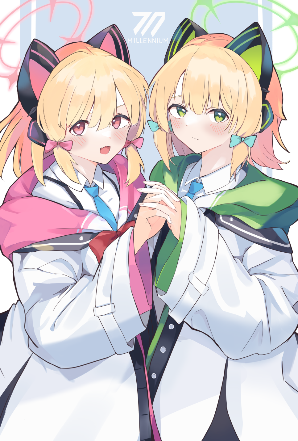 Anime Anime Girls Holding Hands Twins Blonde Shoulder Length Hair Blue Archive Saiba Midori Blue Arc 966x1428