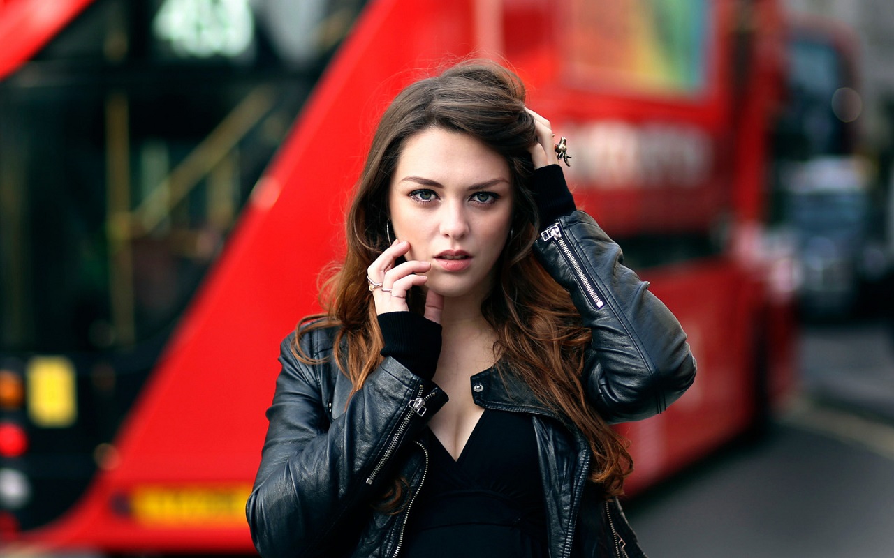 Women Model Long Hair Actress Brunette Leather Jacket Black Top Women Outdoors Doubledecker 1280x800