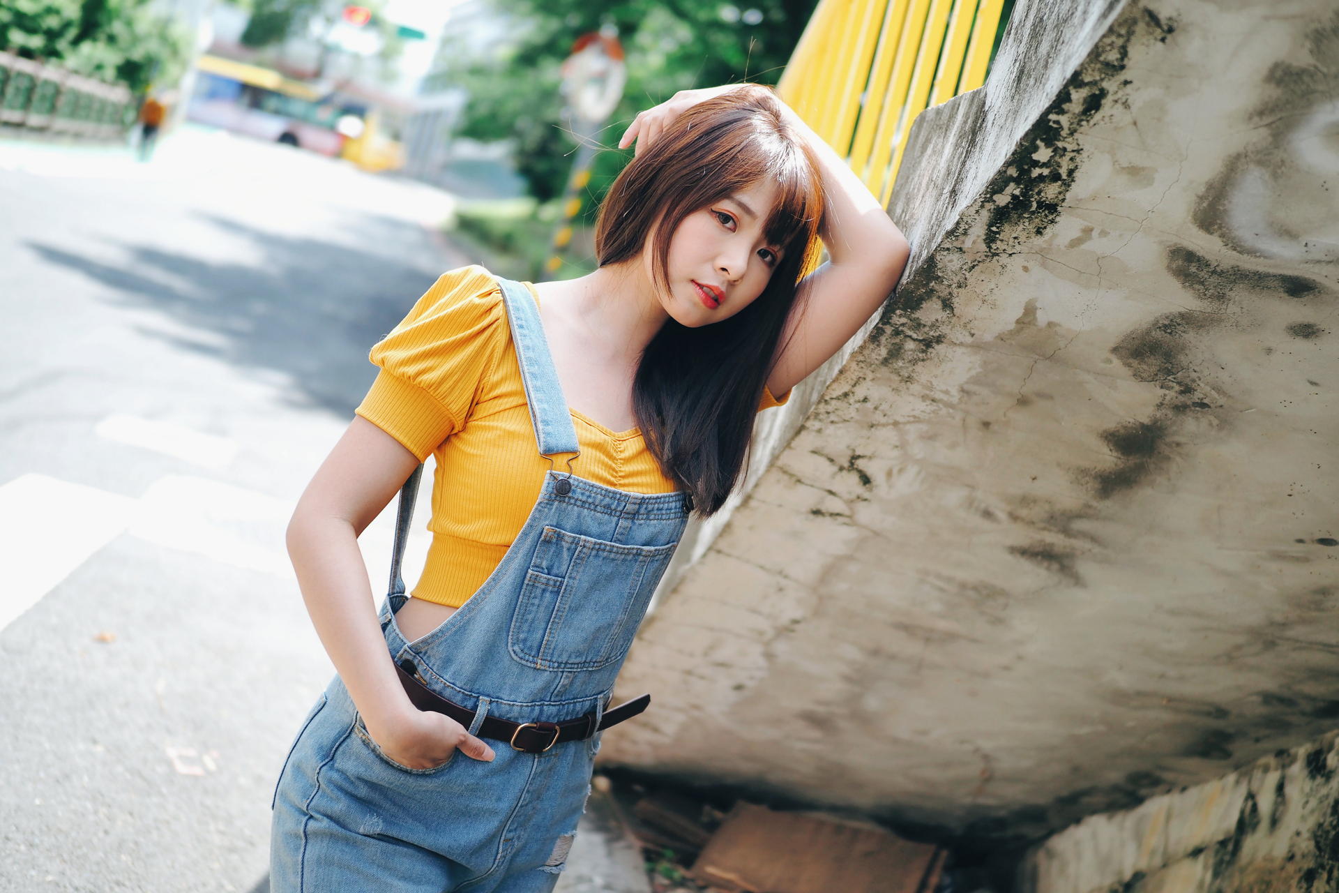 Asian Model Women Long Hair Dark Hair Depth Of Field Jeans Dresses Yellow Shirt Belt Stairs Street T 1920x1280