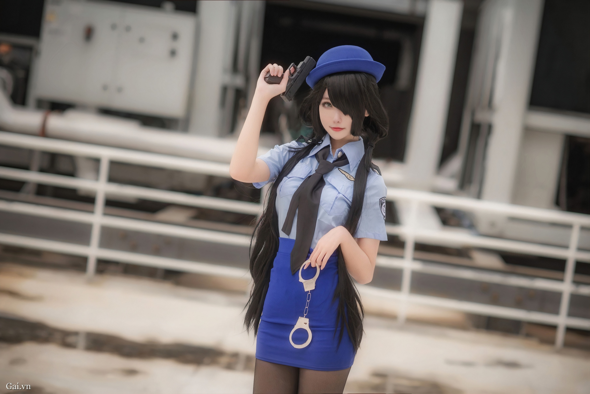 Momoko Aoi Women Model Asian Tokisaki Kurumi Date A Live Police Costume Hat Blue Miniskirt Pistol Bl 1920x1282
