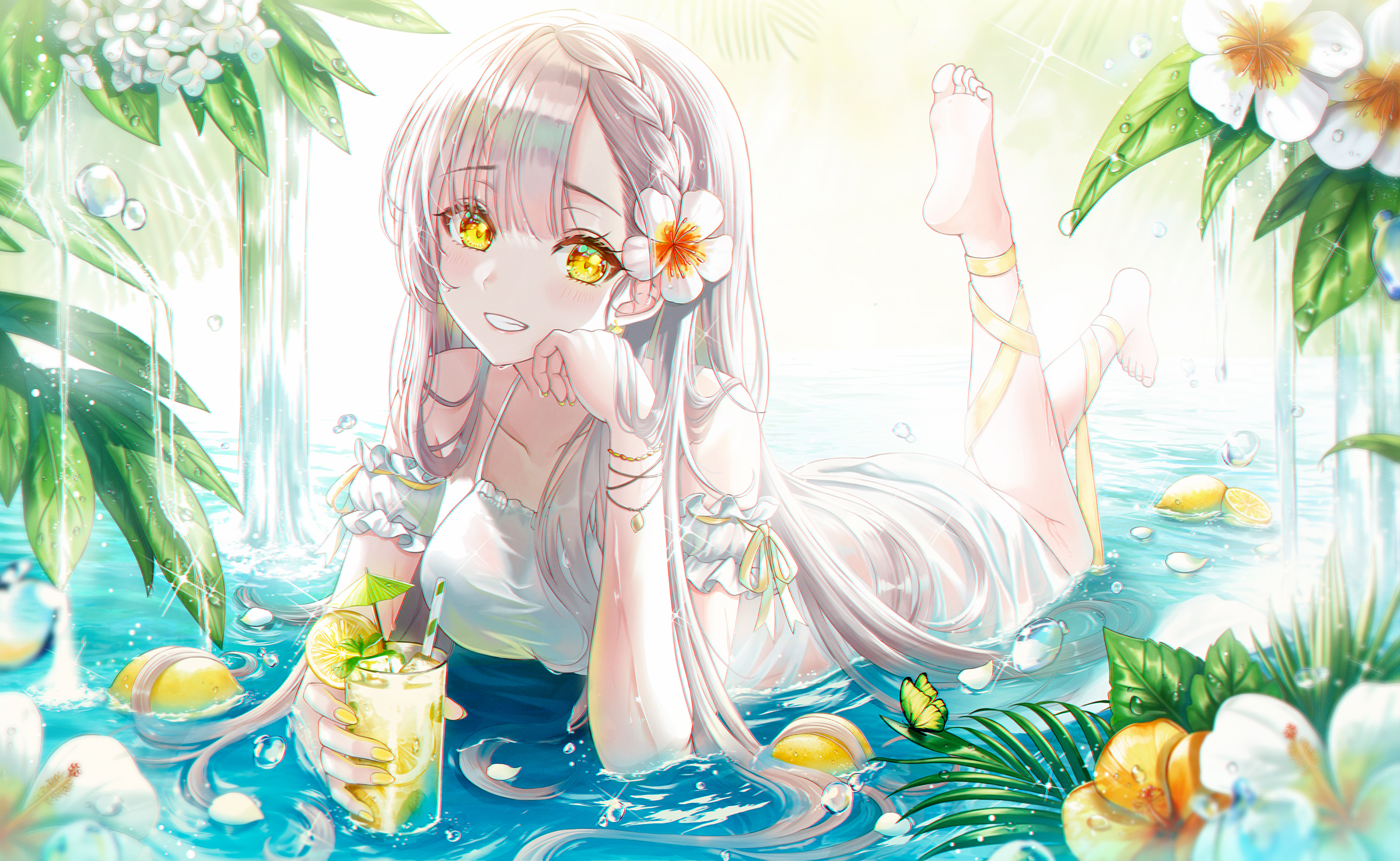 Pora 0918 Anime Anime Girls Long Hair Silver Hair Yellow Eyes Grin Water Dress Barefoot 2400x1477