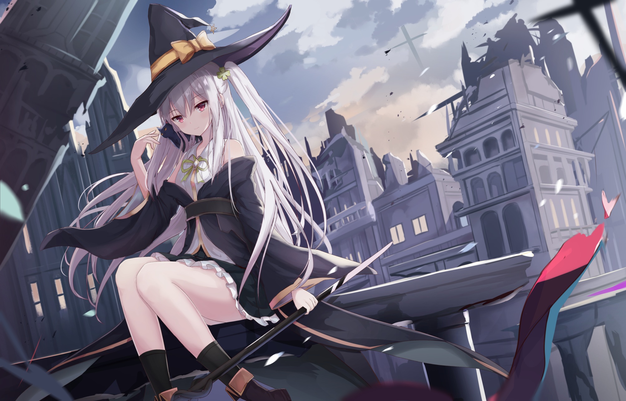 Anime Anime Girls TouhouRH Artwork Silver Hair Long Hair Red Eyes Witch Hat Cats Ruins 2006x1285