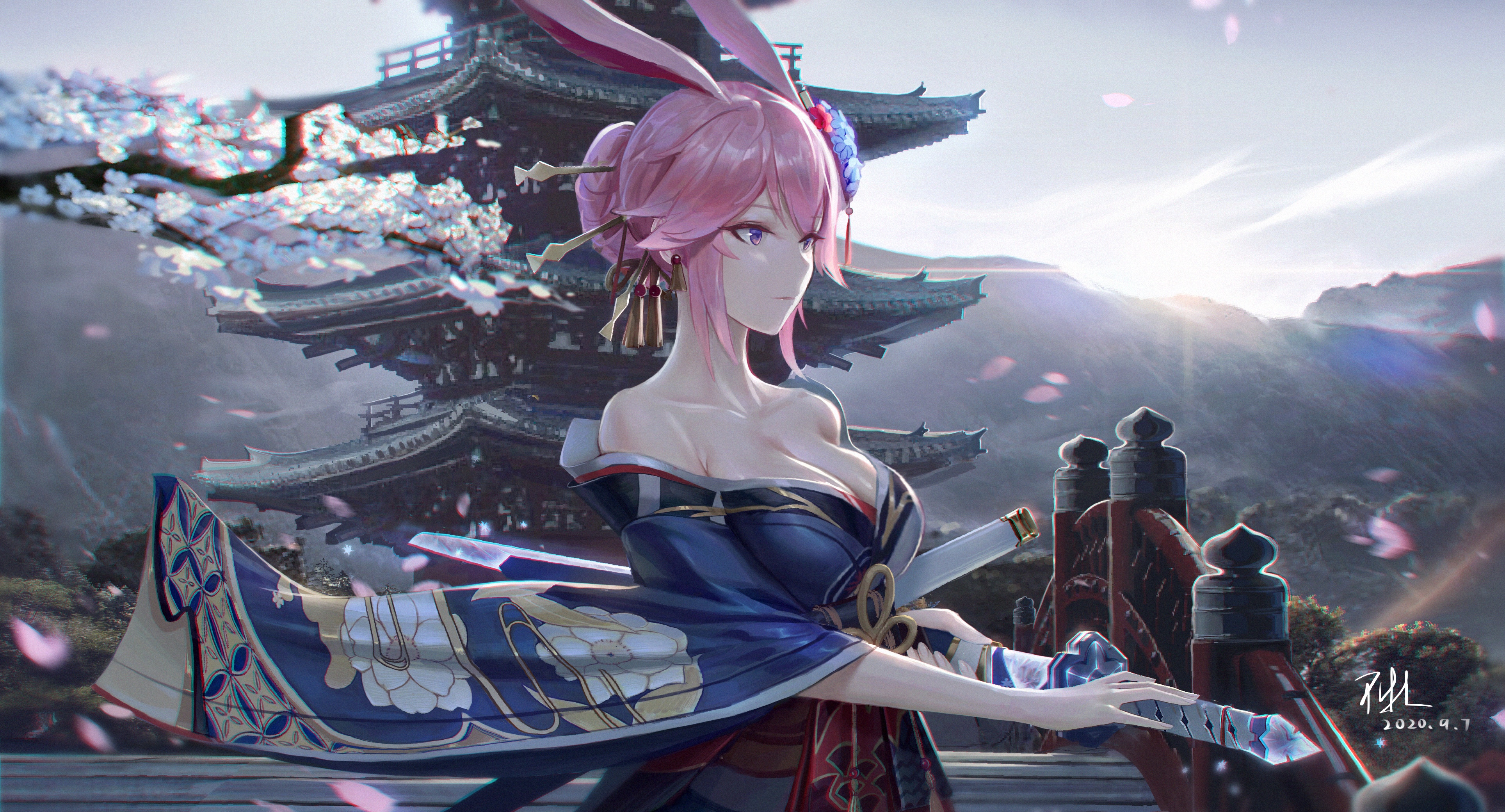 Anime Anime Girls Yae Sakura Honkai Impact Katana Flowers QNZY Fan Art Japanese Clothes Honkai Impac 3856x2080