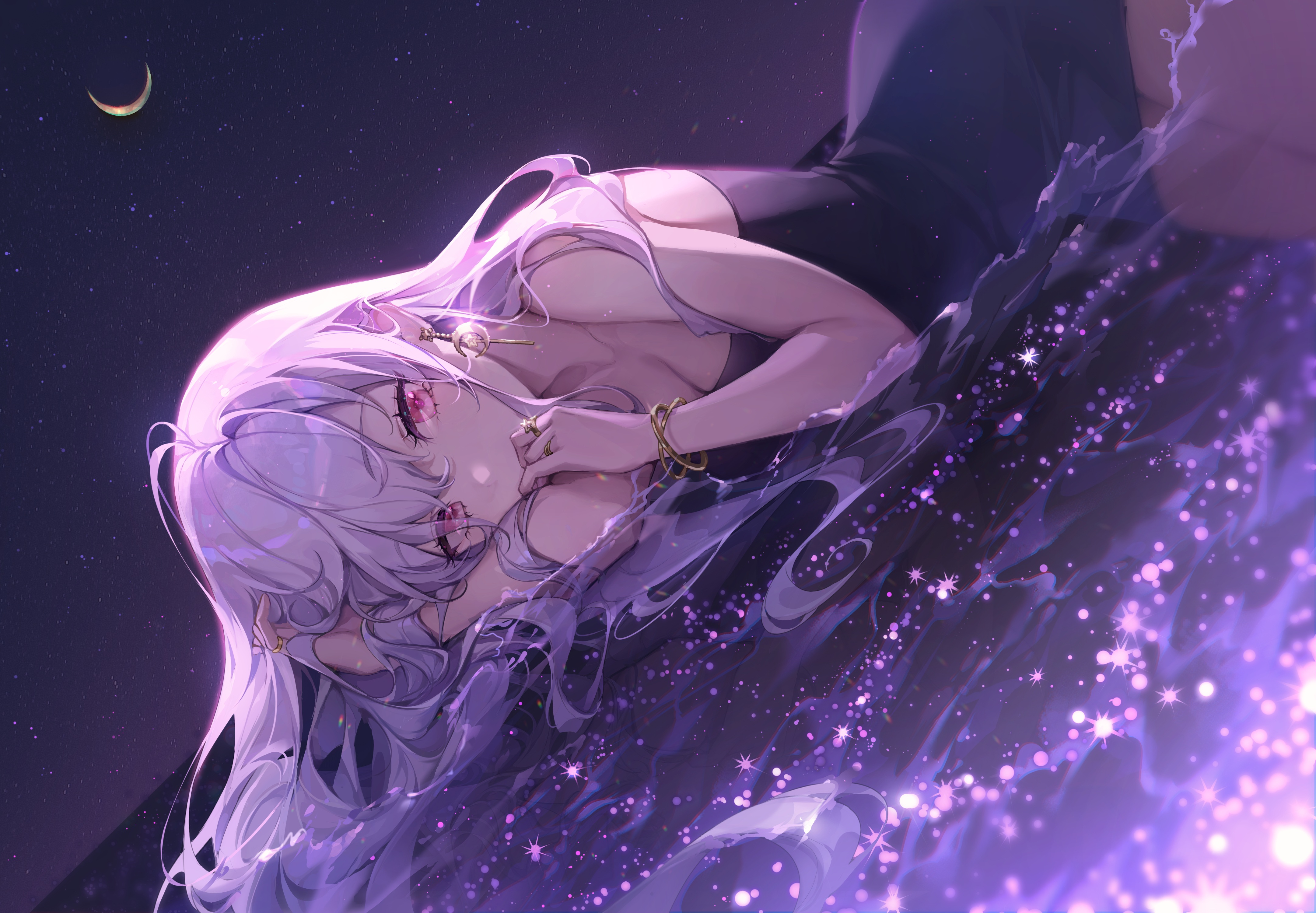 Anime Anime Girls Ttosom Artwork Purple Hair Long Hair Pink Eyes Dress In Water Night Lying On Side 4324x3000