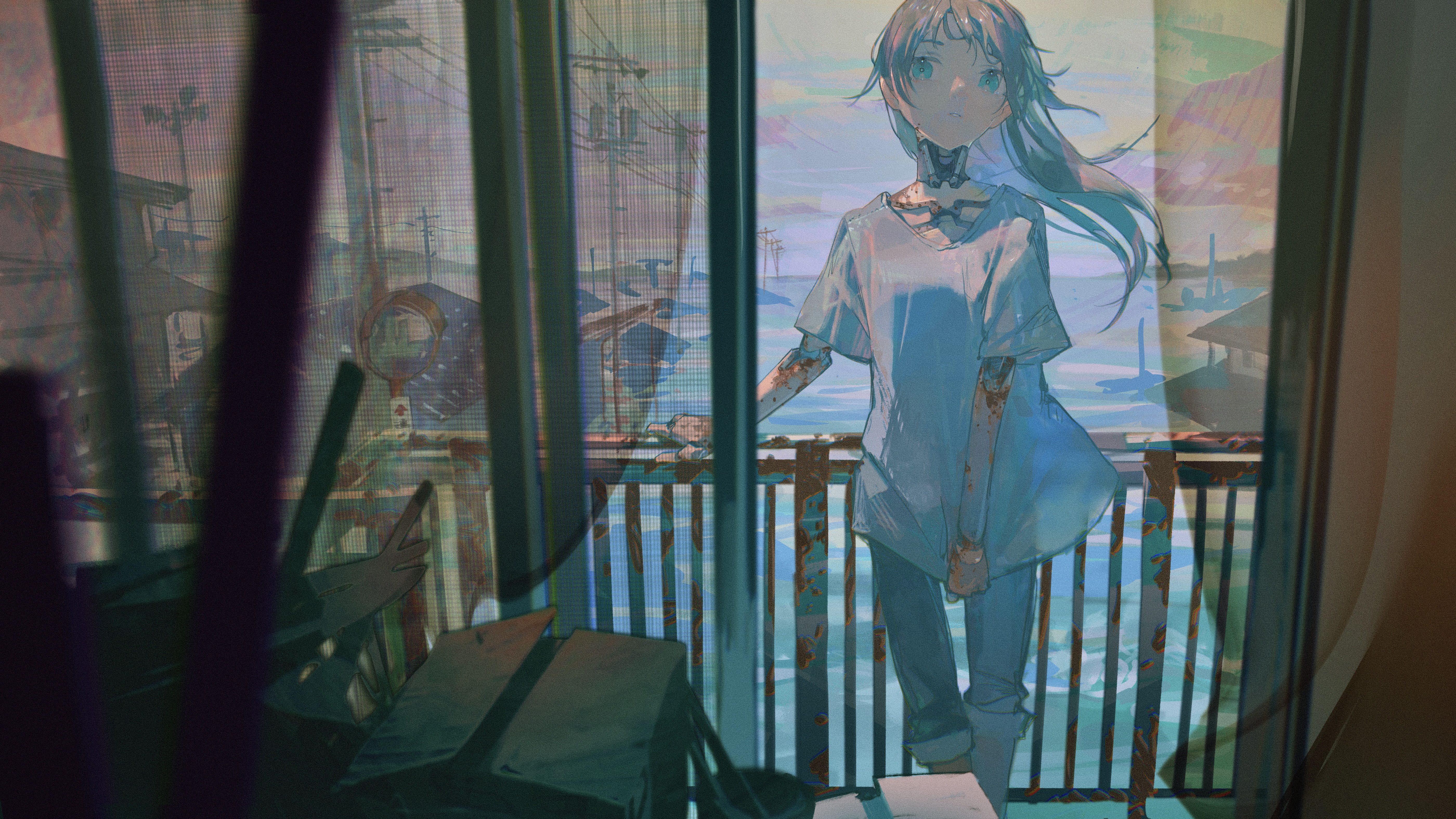 Anime Anime Girls Long Hair Blue Hair Balcony Cyborg Jeans Boxes Curtains River Blue Eyes Pillar Uti 5600x3150