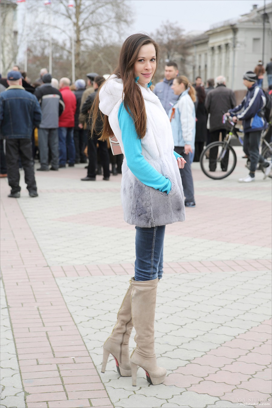 Women Long Hair Public Street View Brunette Hands In Pockets Knee High Boots 900x1350
