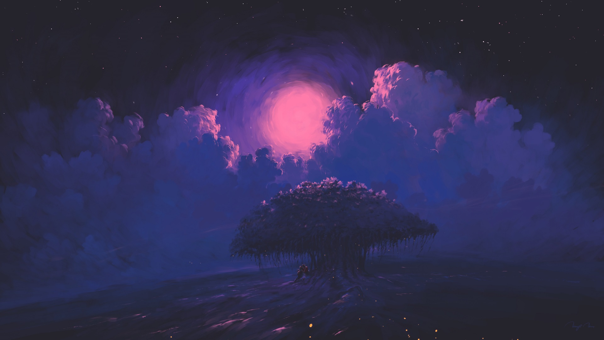 Digital Painting Night Moon Trees Clouds Water Romantic BisBiswas 1920x1080