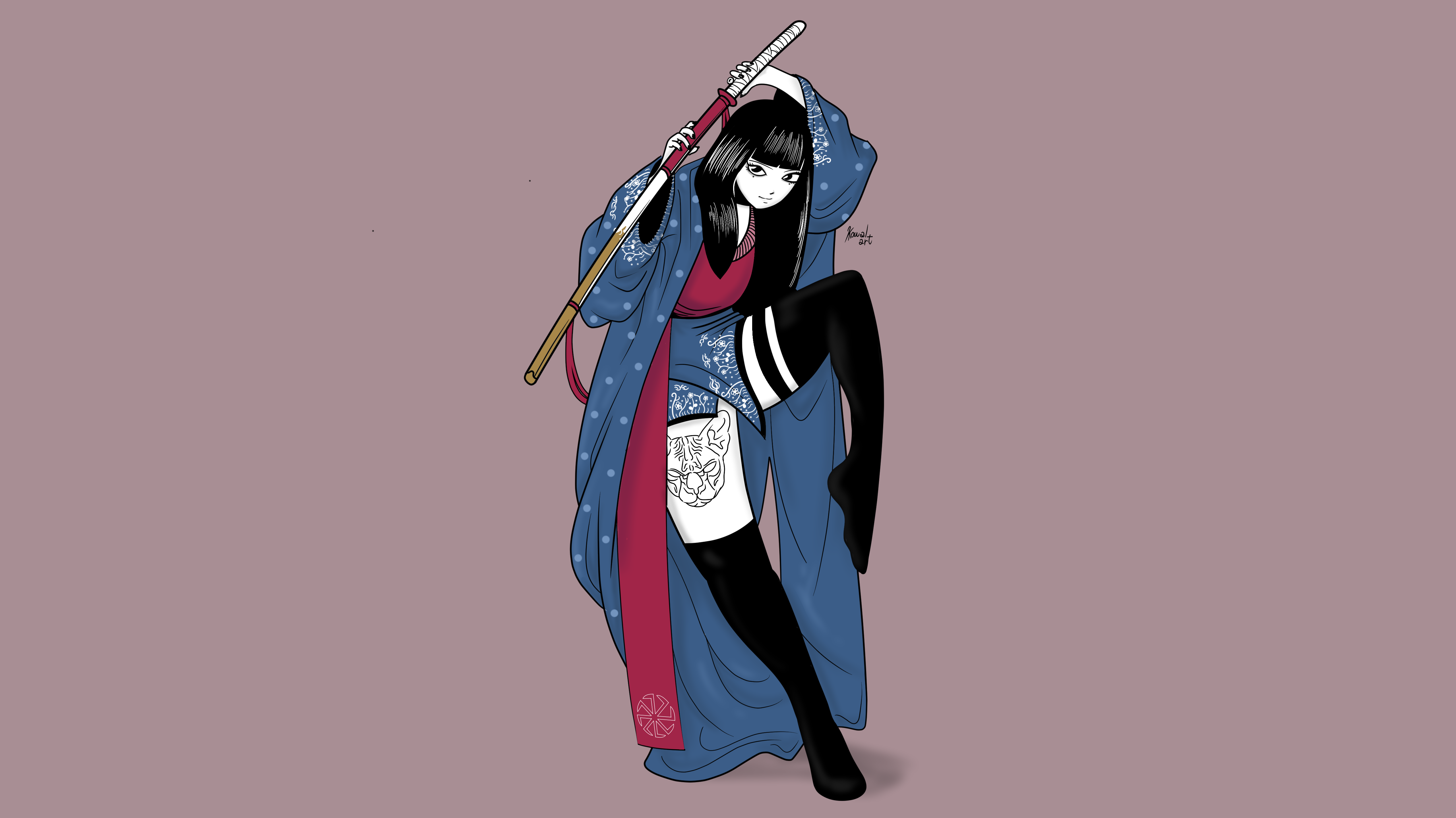 Samurai Ninja Girl Samurai Mujer Pink Katana Legs Minimalism Kimono Japanese Art Japan KowalArt Simp 5120x2880