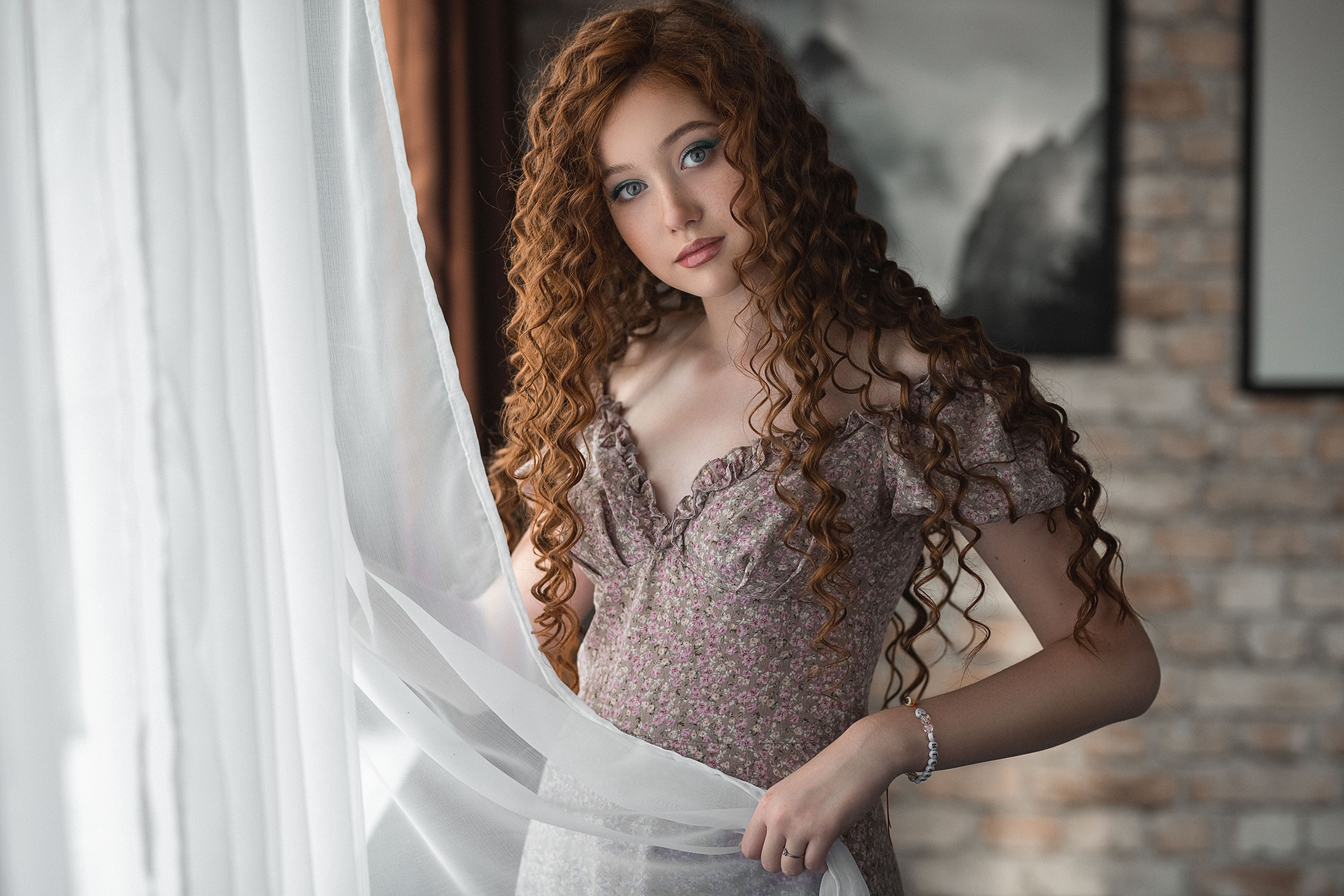 Vladimir Vasilev Women Redhead Long Hair Curly Hair Looking At Viewer Makeup Dress Curtains Angelina 2160x1440