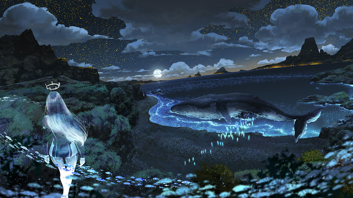 Watermother Jian Digital Art Fantasy Art Whale Beach Starry Night Fish Surreal Night Moon Moonlight  1500x844