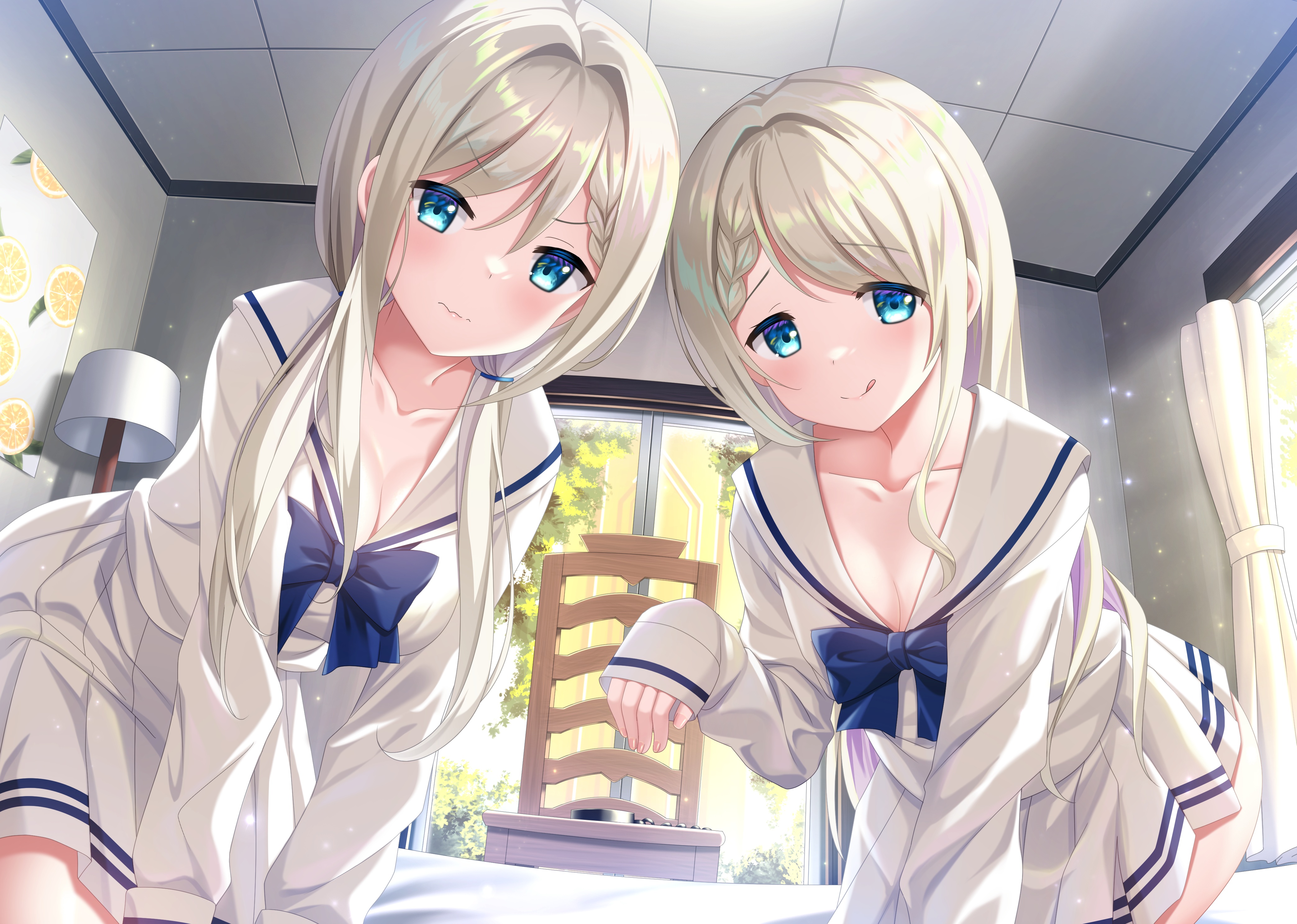 Anime Anime Girls Twins Artwork Shimofuri Takenoko Ash Blonde Blue Eyes Blush Licking Lips School Un 4175x2976