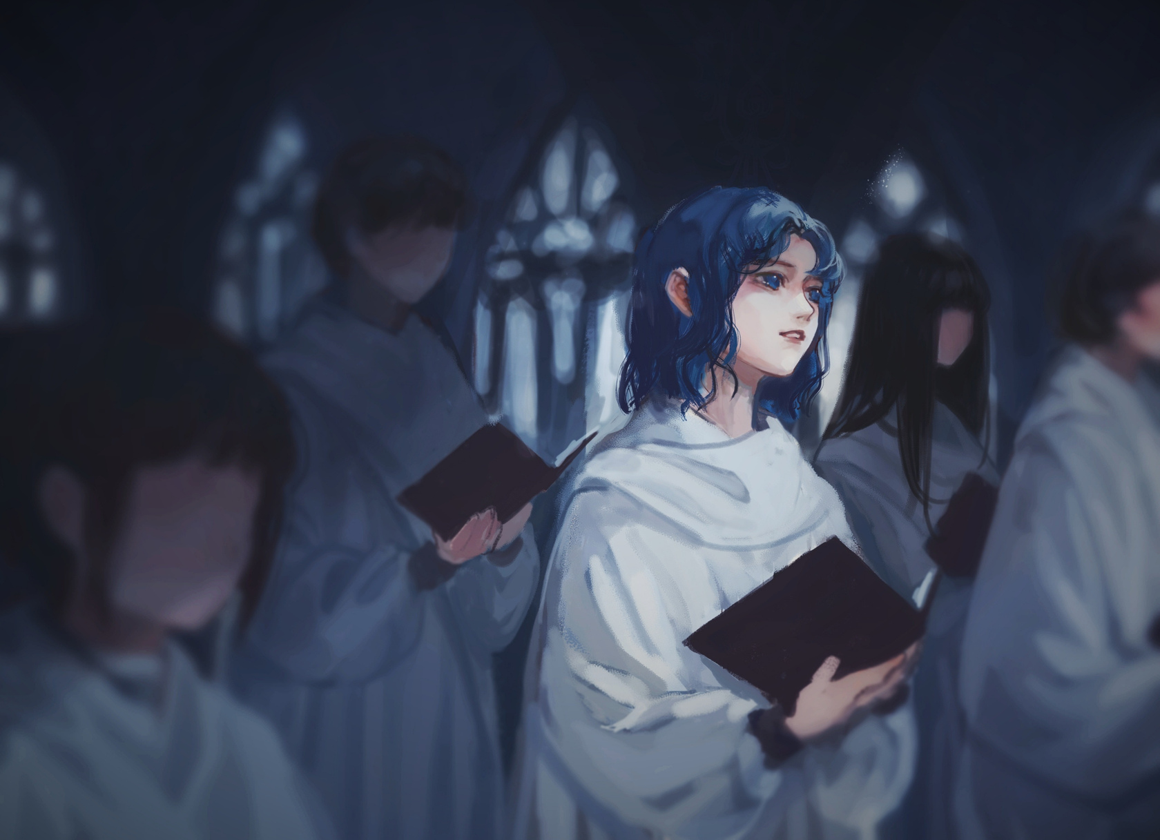 Anime Anime Girls Blue Hair Short Hair Prayer Blue Eyes Books Church White Dress 1680x1217