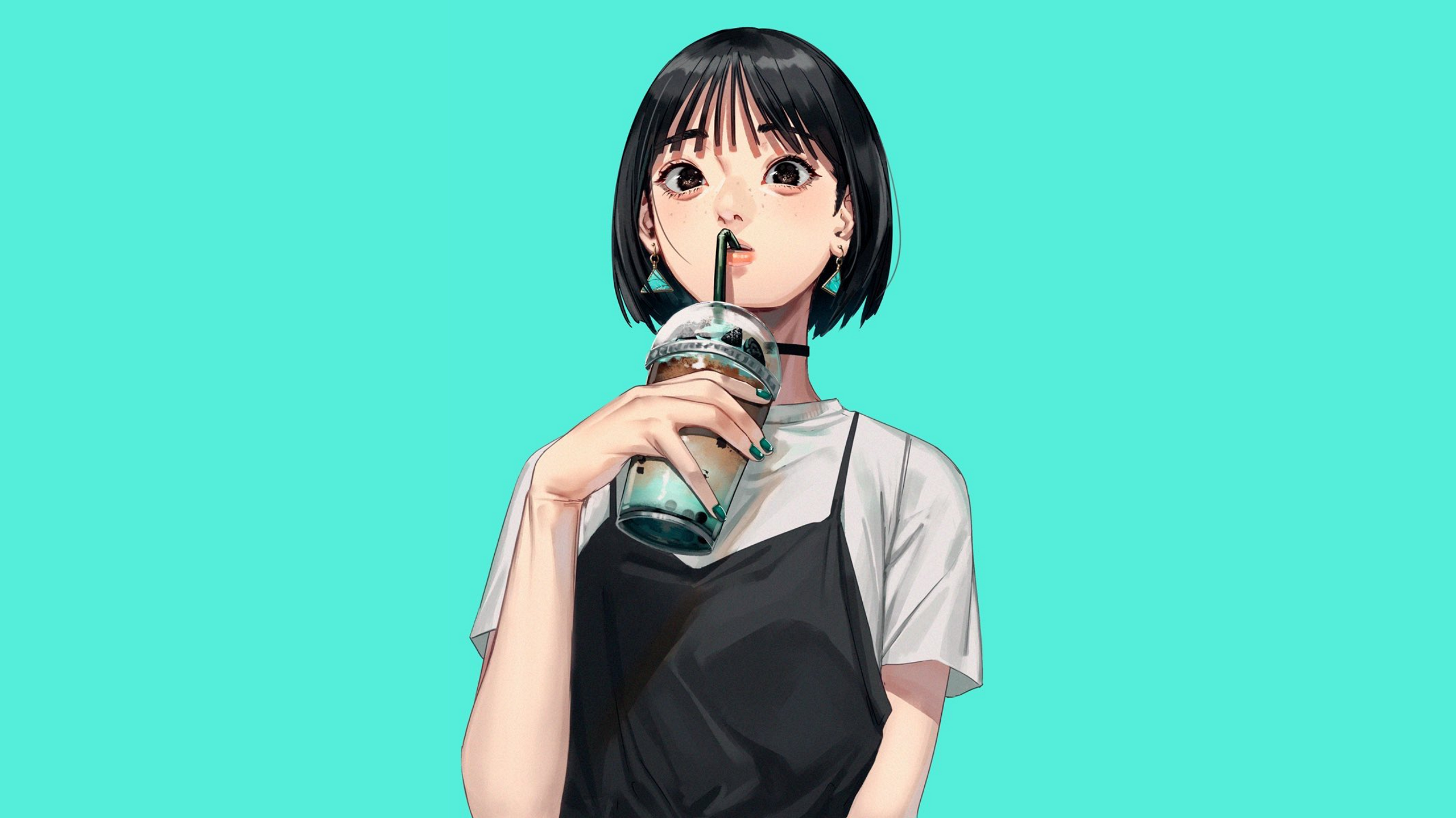 Anime Anime Girls Green Nails Black Hair Short Hair Brown Eyes Drinking  Earring Looking At Viewer Cy Wallpaper - Resolution:2560x1440 - ID:1230567  