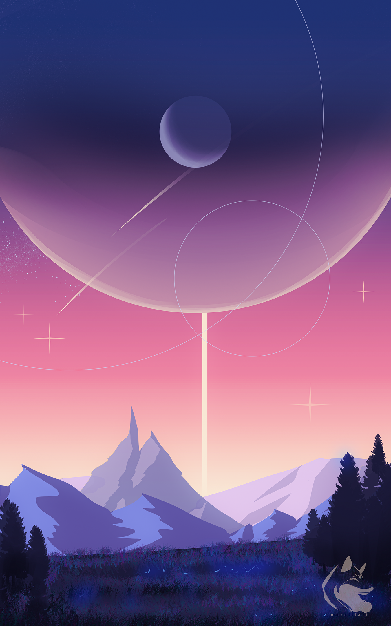 Planet Mountains Trees Pine Trees Minimalism Stars Space Shooting Stars Purple Sky Evening Sunset Mo 1350x2160