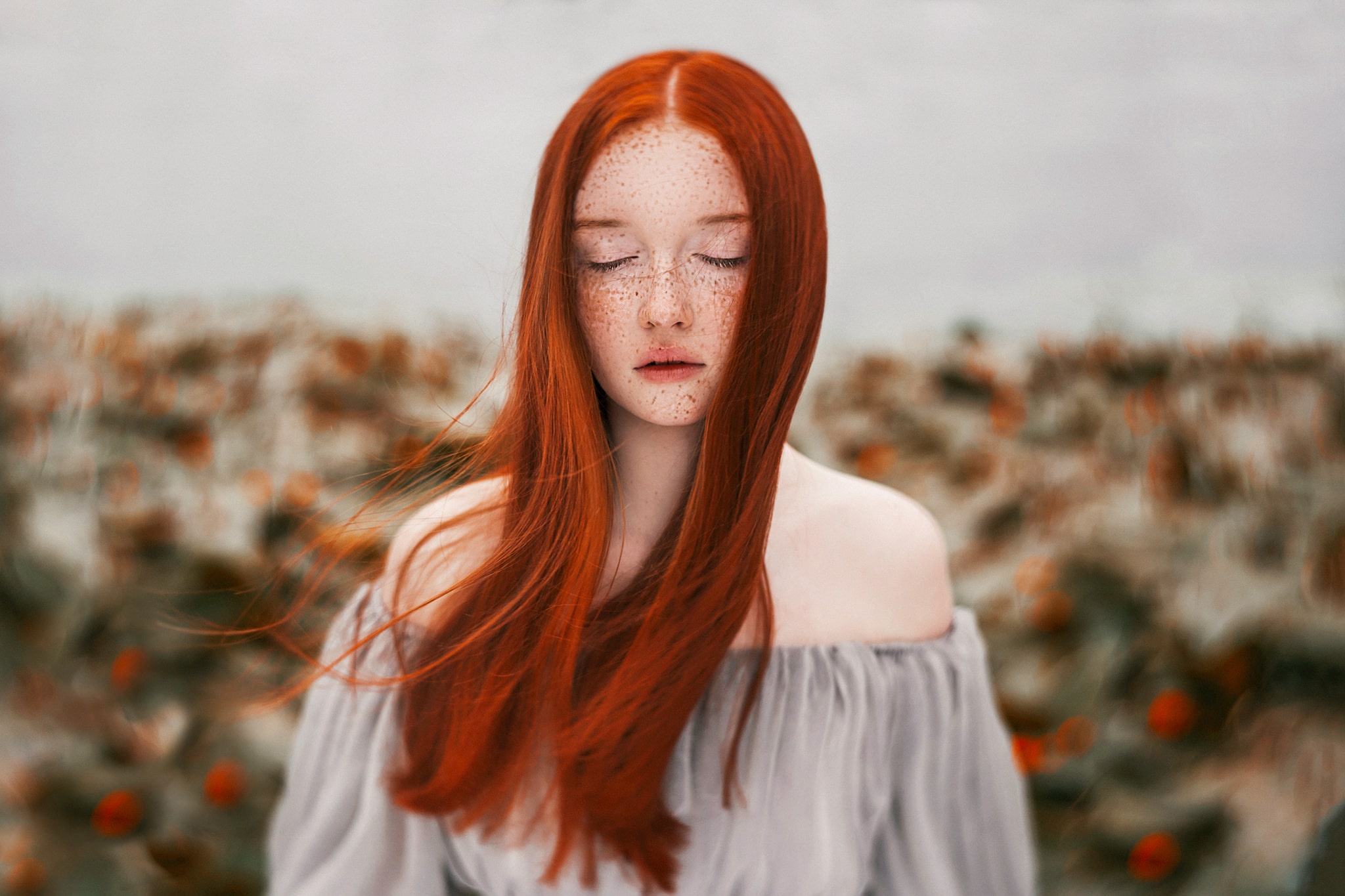 Depth Of Field Freckles Girl Long Hair Model Redhead Woman 2048x1365