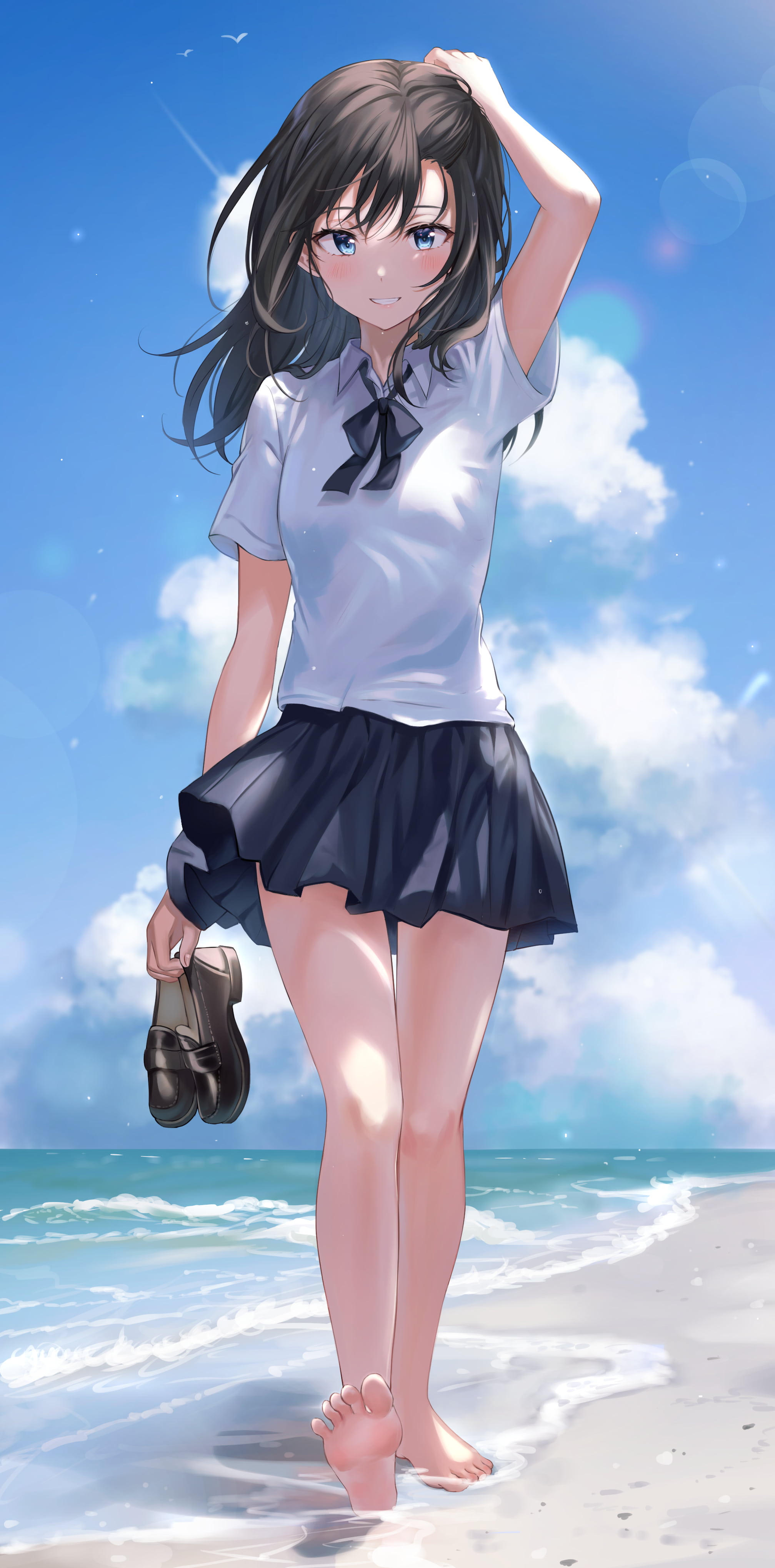 Anime Anime Girls Original Characters Artwork Tokkyu Artista Beach School Uniform 2015x4074