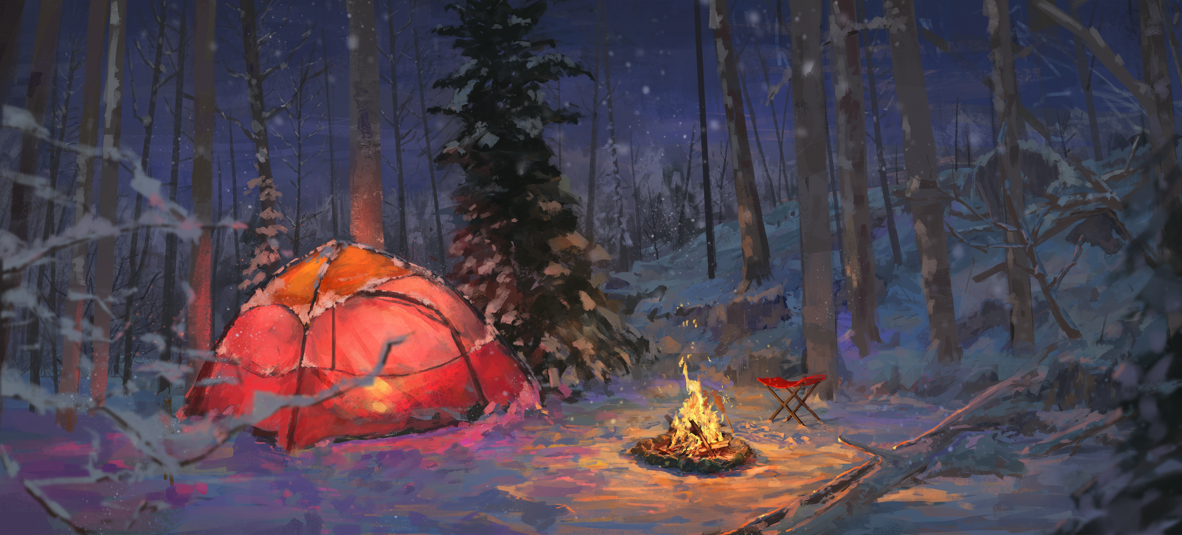 Night Snow Forest Tent Camp Fire 3973x1799