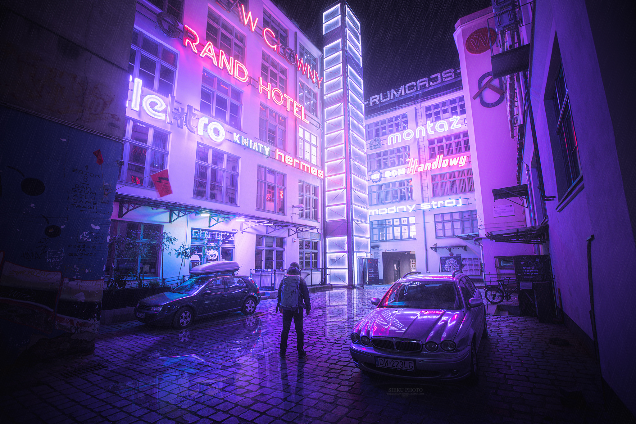Neon Cyberpunk Car Building Night Backpacks From Behind Lights Neon Lights Ukasz Urban Reflection Si 2048x1366