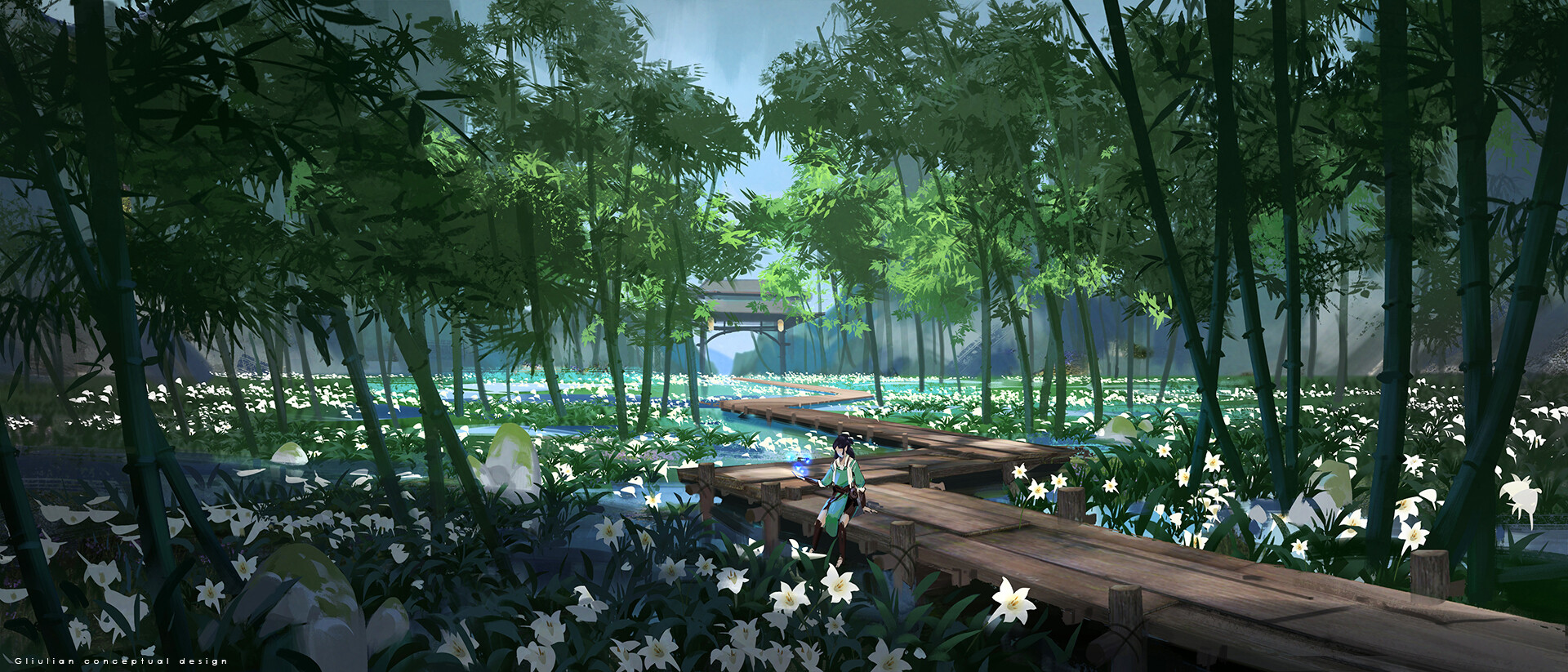 G Liulian Digital Art Fantasy Art Bamboo Flowers Landscape 1920x823