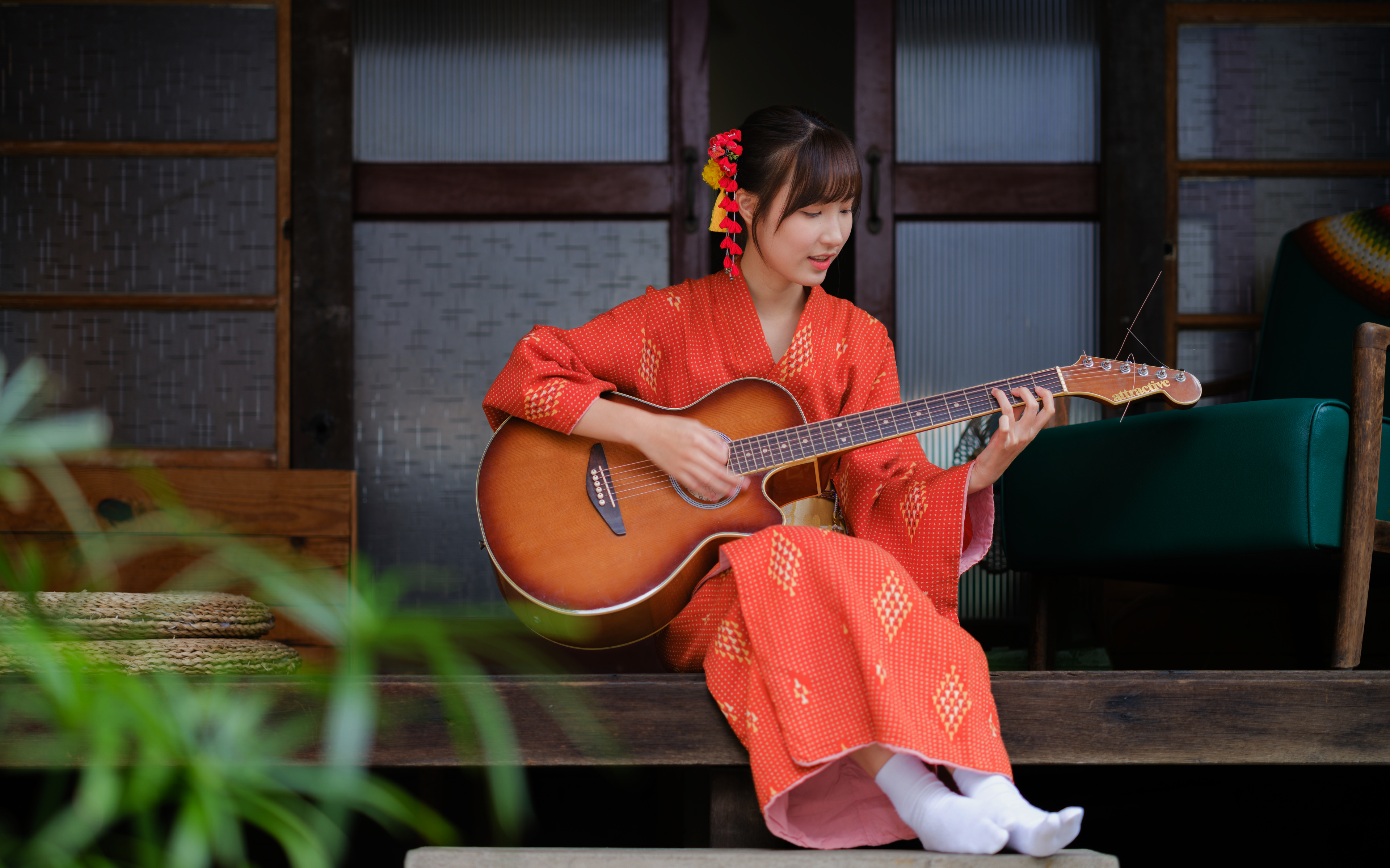Asian Model Women Long Hair Dark Hair Kimono Traditional Clothing Hair Ornament Sitting Guitar Porch 3840x2400