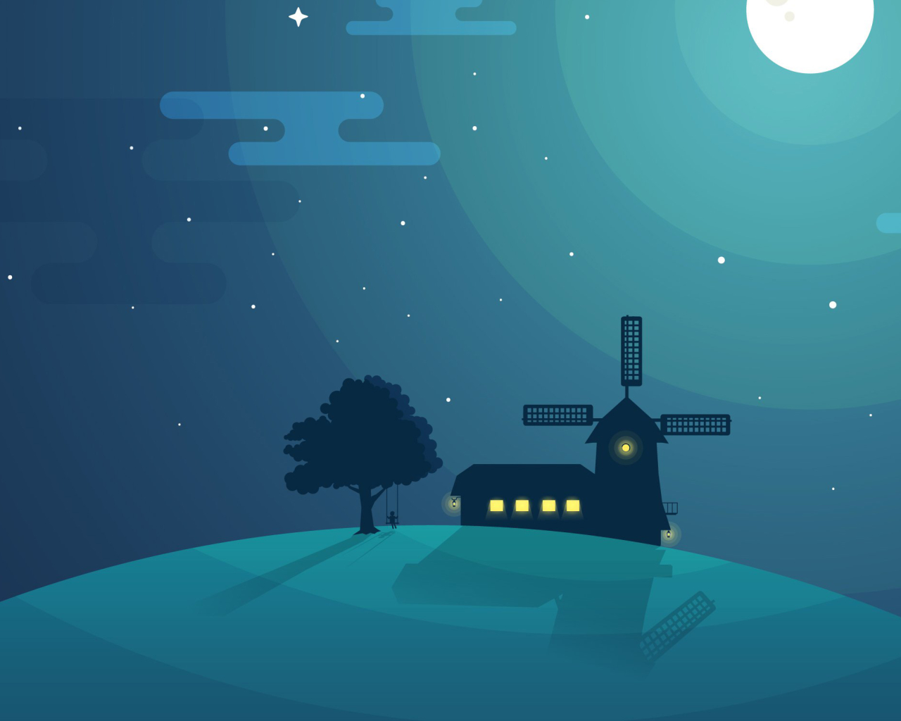 Digital Night Nature House Tree Bark Mountain Top Farm Kid Character Chill Out Minimalism Sky 1280x1024