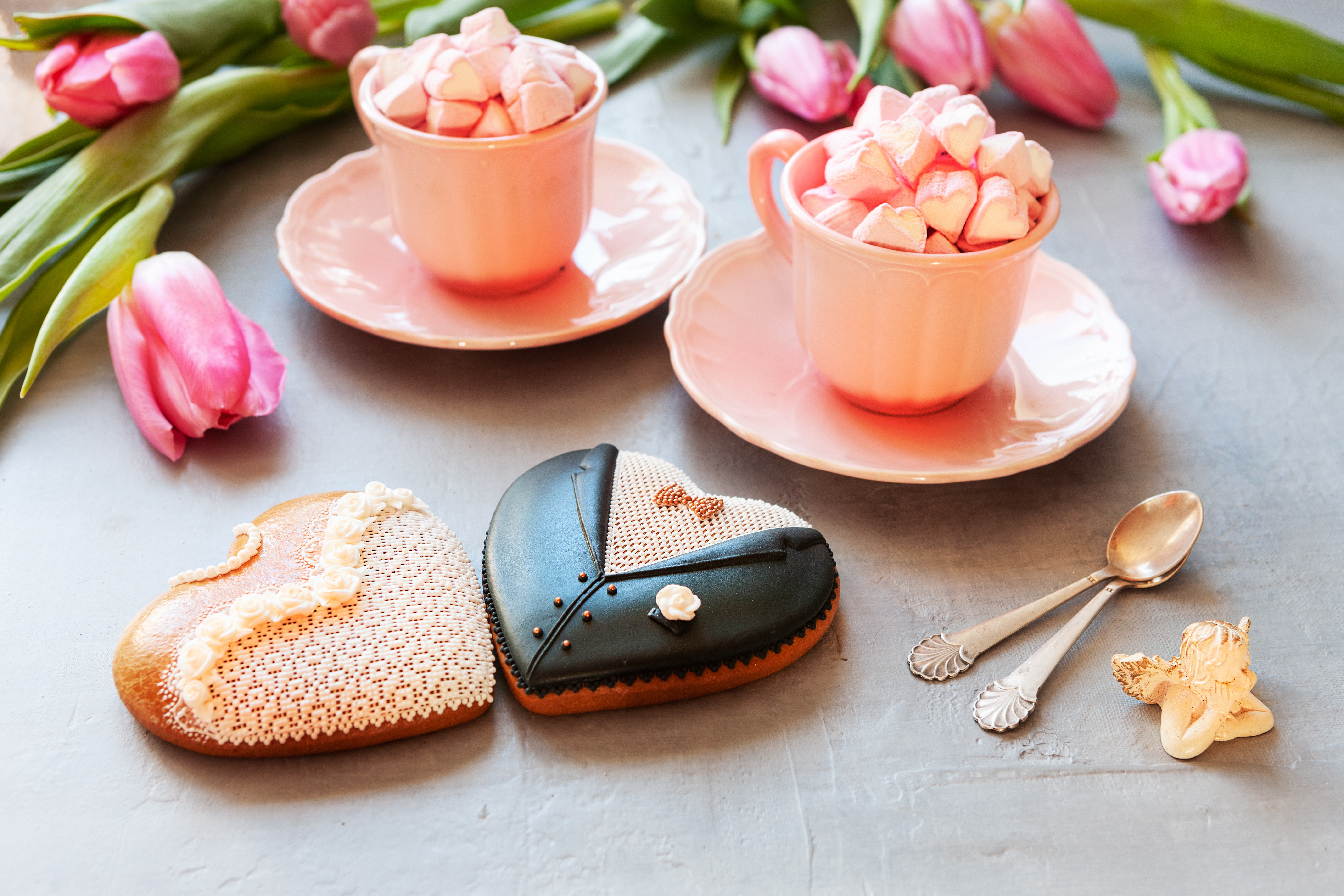 Bride Cookie Cup Groom Heart Shaped Love Marshmallow Pink Flower Still Life Tulip Wedding 5616x3744