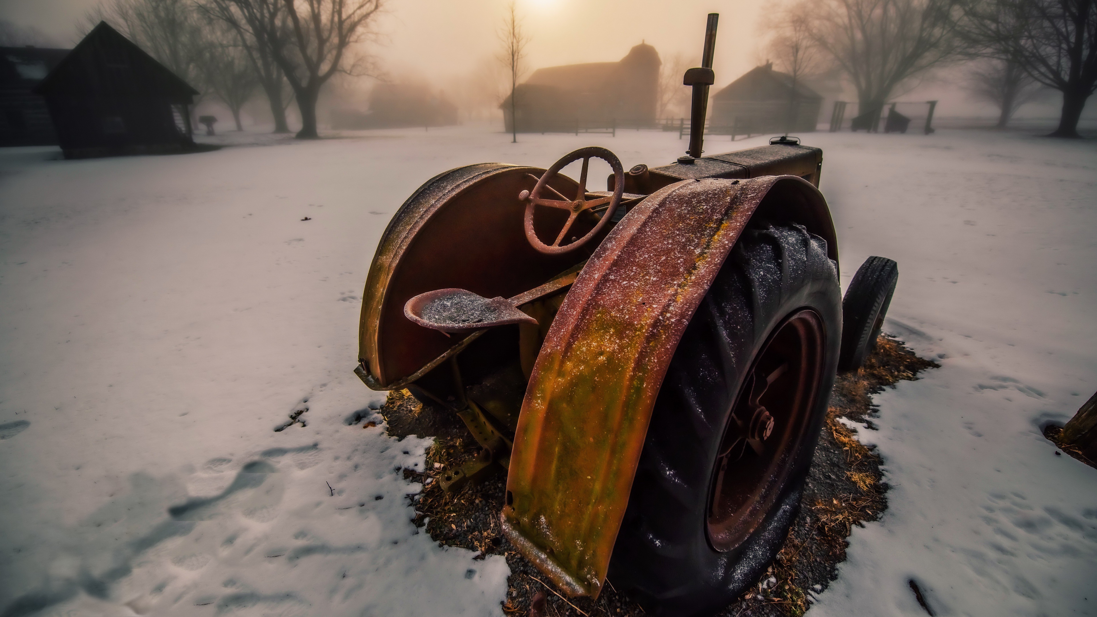 Vehicle Tractors Cold Winter Snow Outdoors Rust 3840x2160