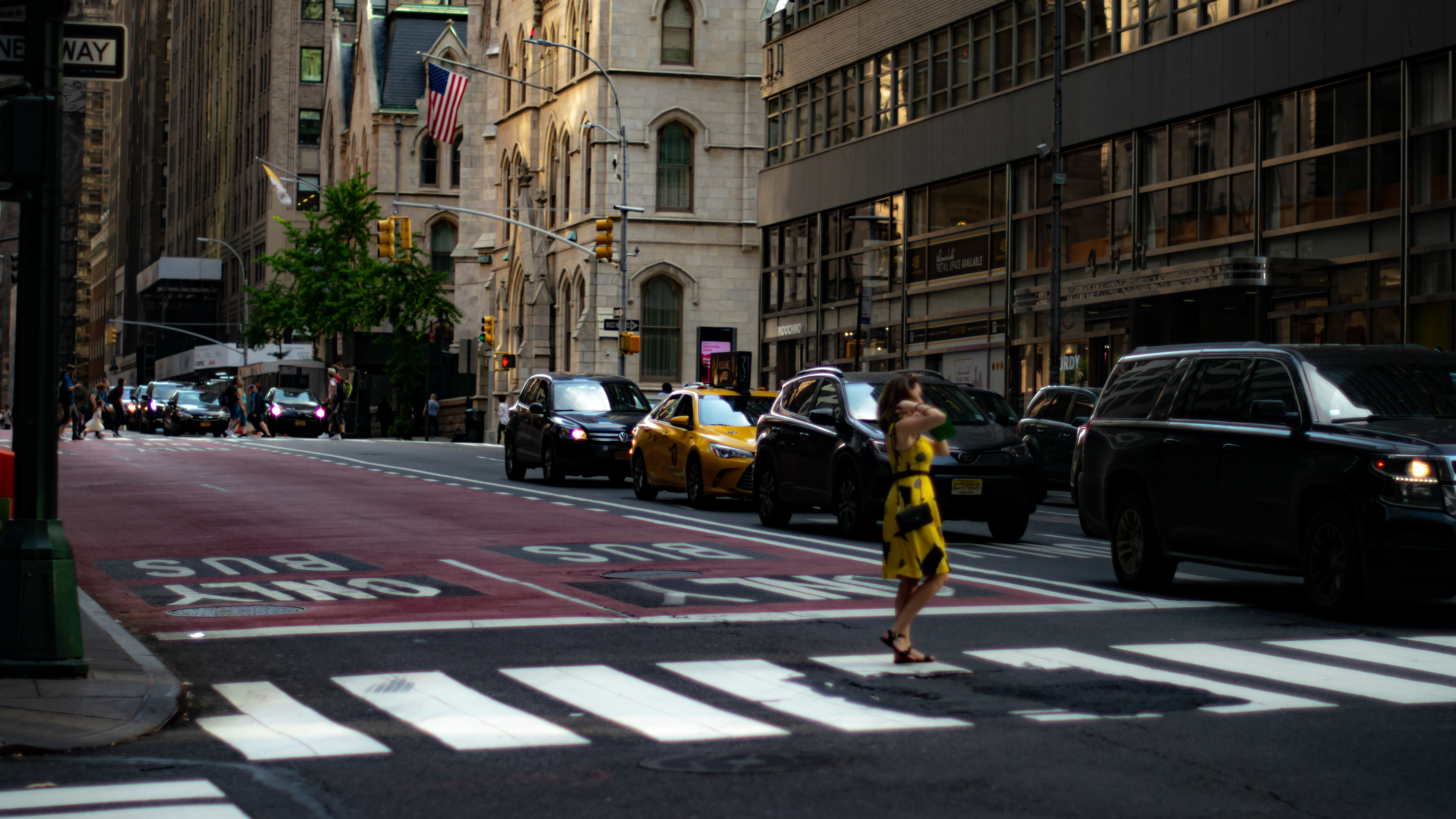 Crosswalk Crossing Street Yellow Dress New York City Taxi 6000x3375