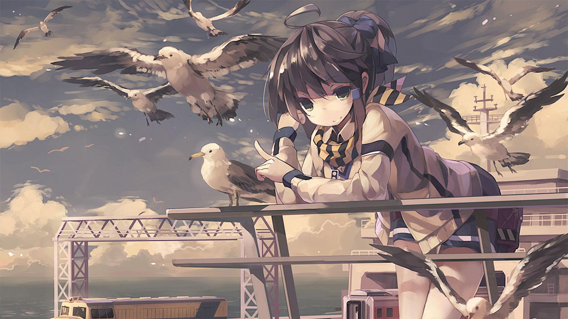 Scarf Brown Eyes Brunette Sea Gulls Sea Clouds Sky Finger Pointing Leaning Anime Girls Outdoors Rail 1920x1080