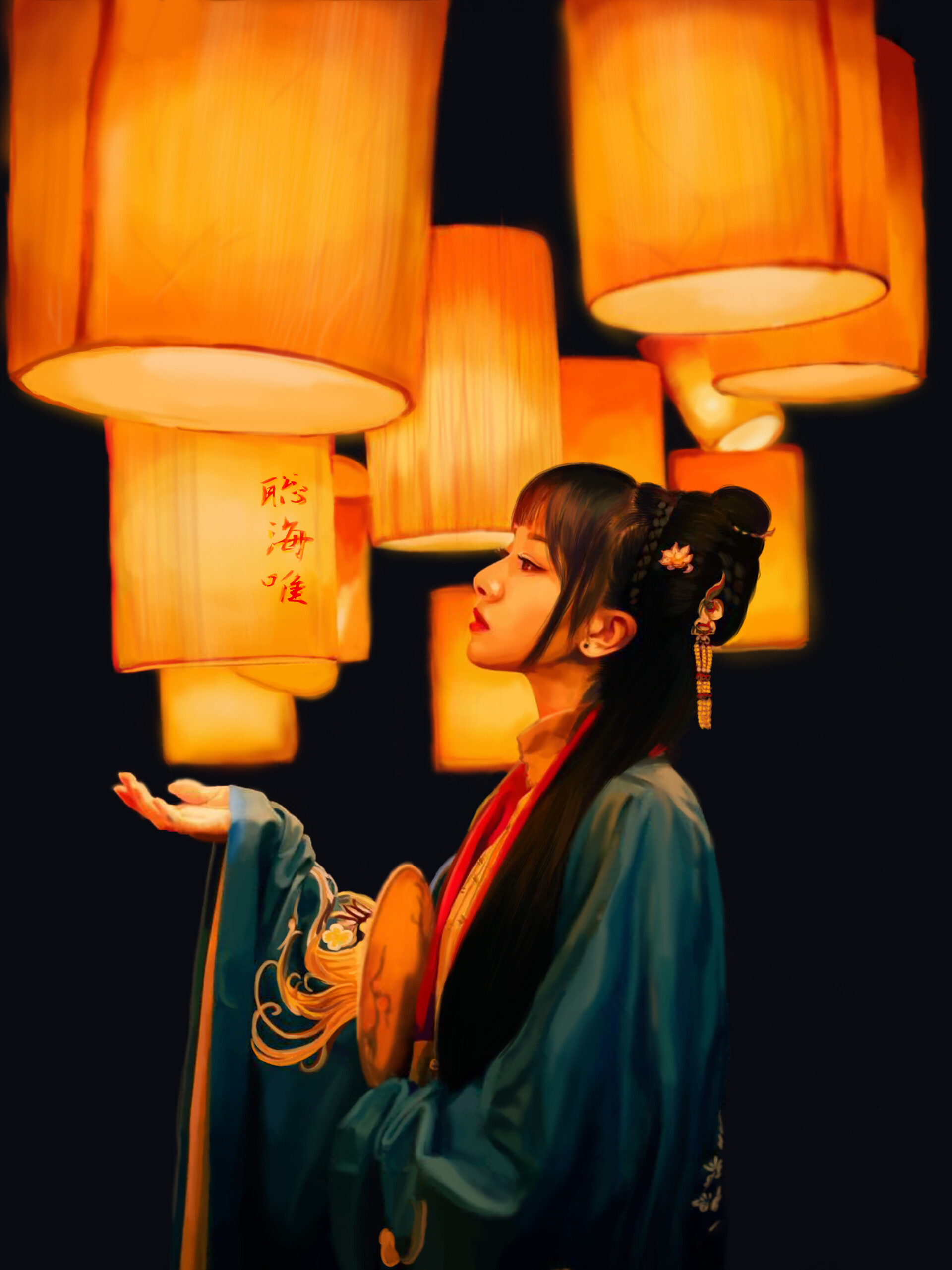 Somii Mia Digital Art Digital Painting Artwork Lantern Lights Japanese Women Portrait Display 1920x2562