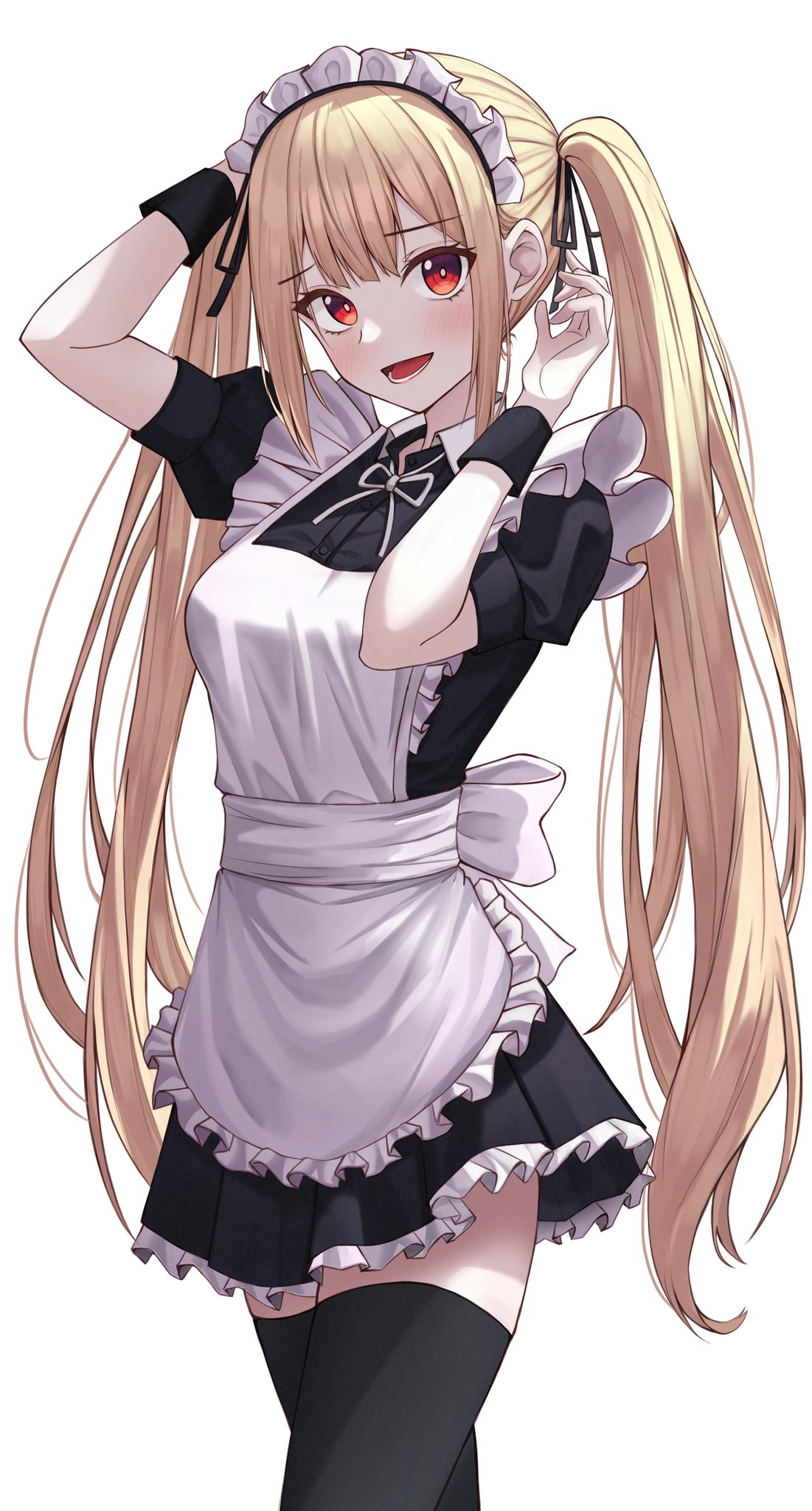 Digital Art Digital 2D Looking At Viewer Blonde Ponytail Red Eyes Maid Outfit Maid Hands On Head Ope 1101x2048