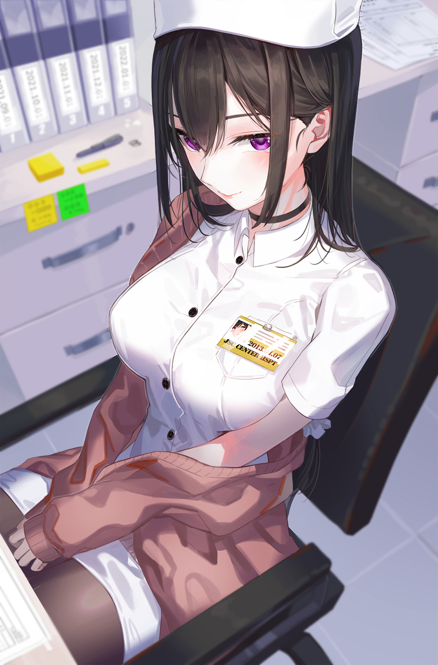 Anime Anime Girls Purple Eyes Dark Hair Sitting Hat Nurse Outfit Artwork KFR 857x1300