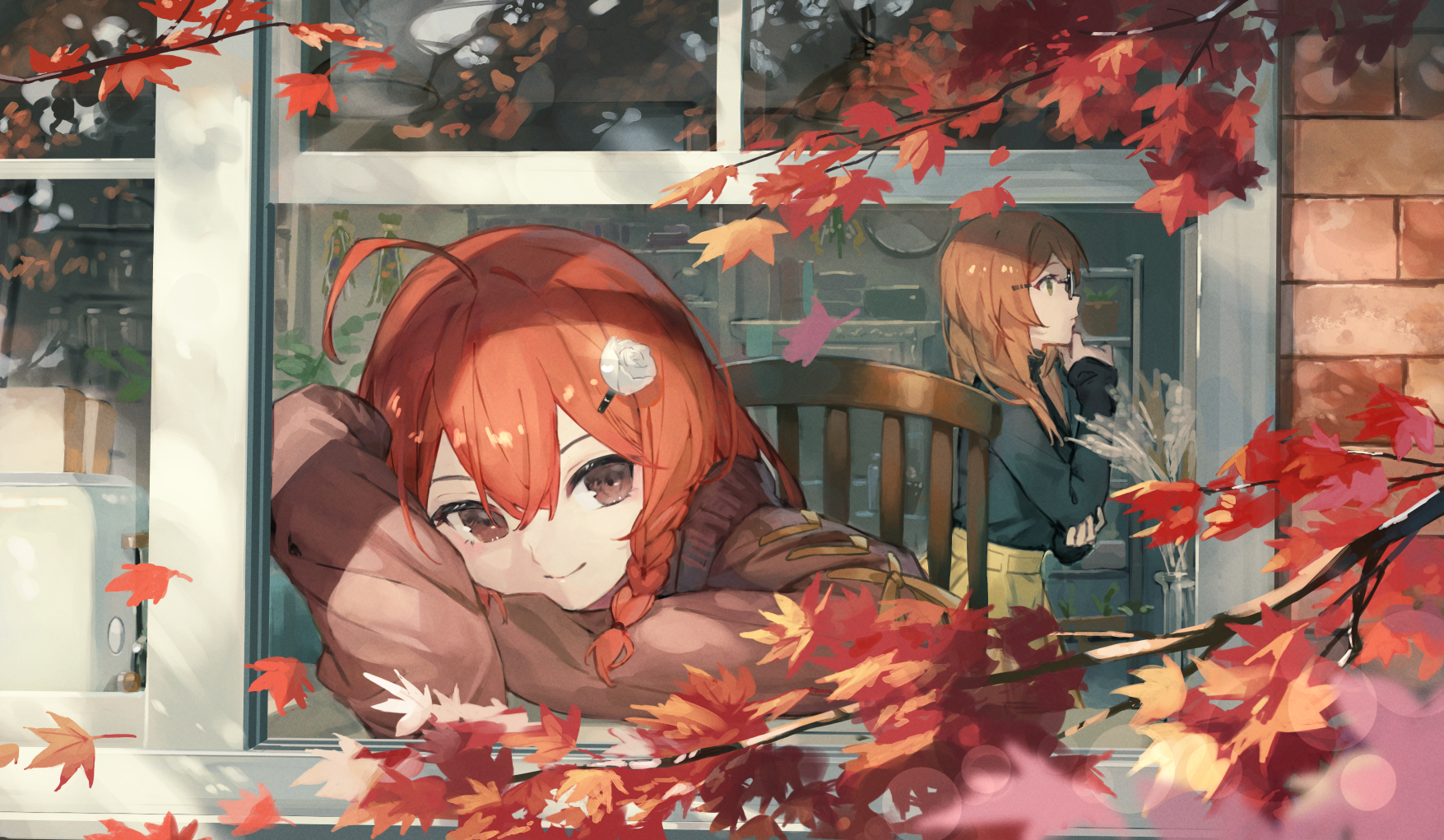 Anime Anime Girls Kobuta Artwork Fall Window Brown Eyes Redhead Brunette Smiling Sweater 1755x1021