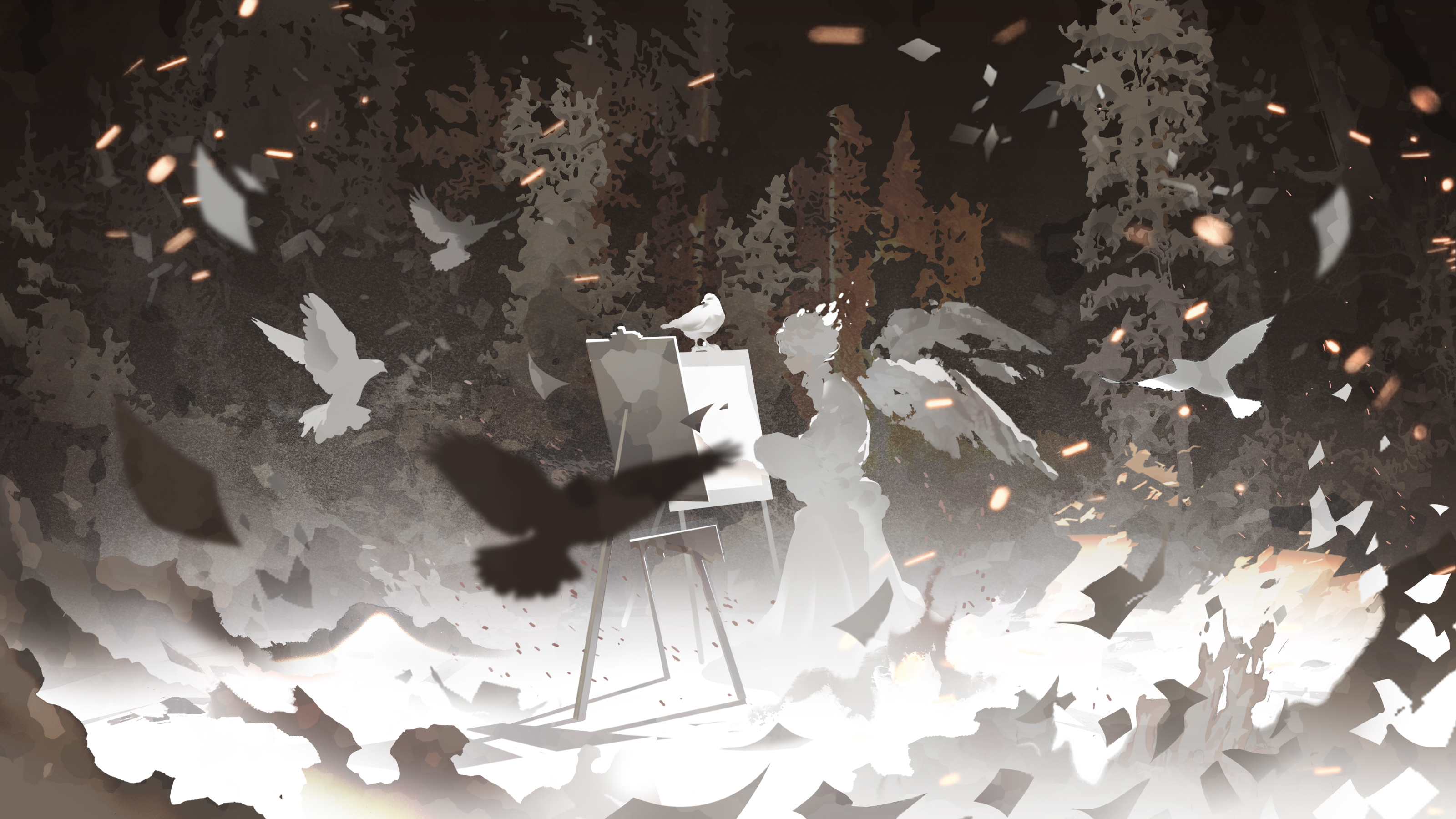 Anime Anime Girls Birds Monochrome Canvas Forest Trees Night Wings White Hair Short Hair 3200x1800