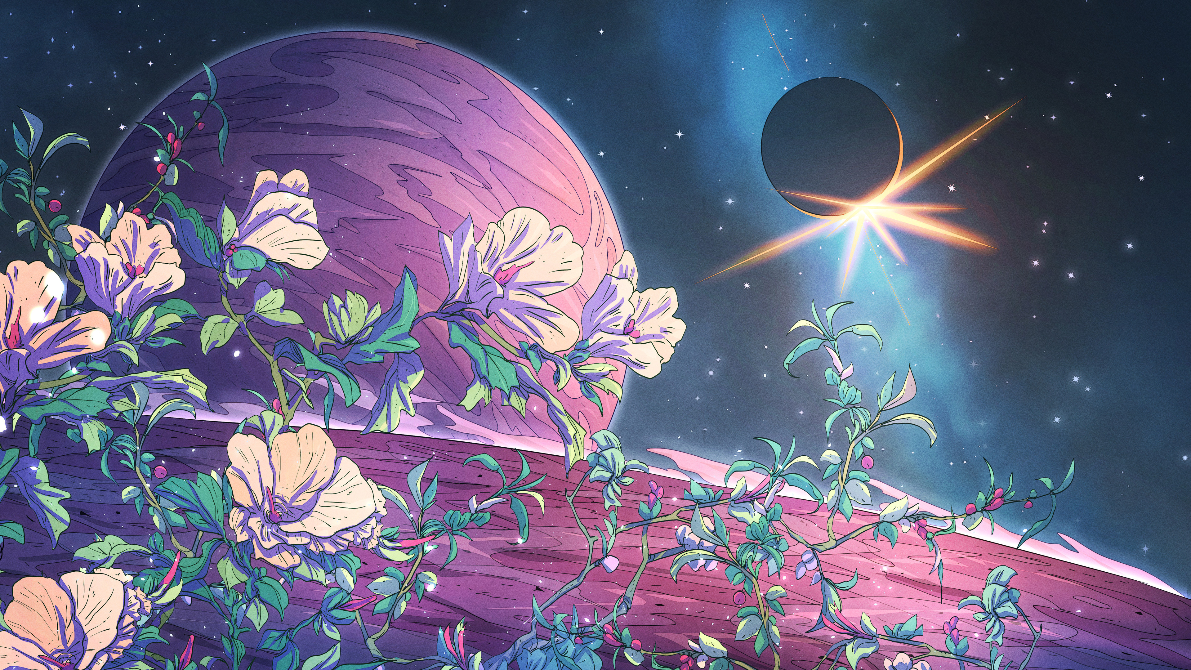 Christian Benavides Digital Art Fantasy Art Flowers Space Eclipse Planet Stars 3840x2160