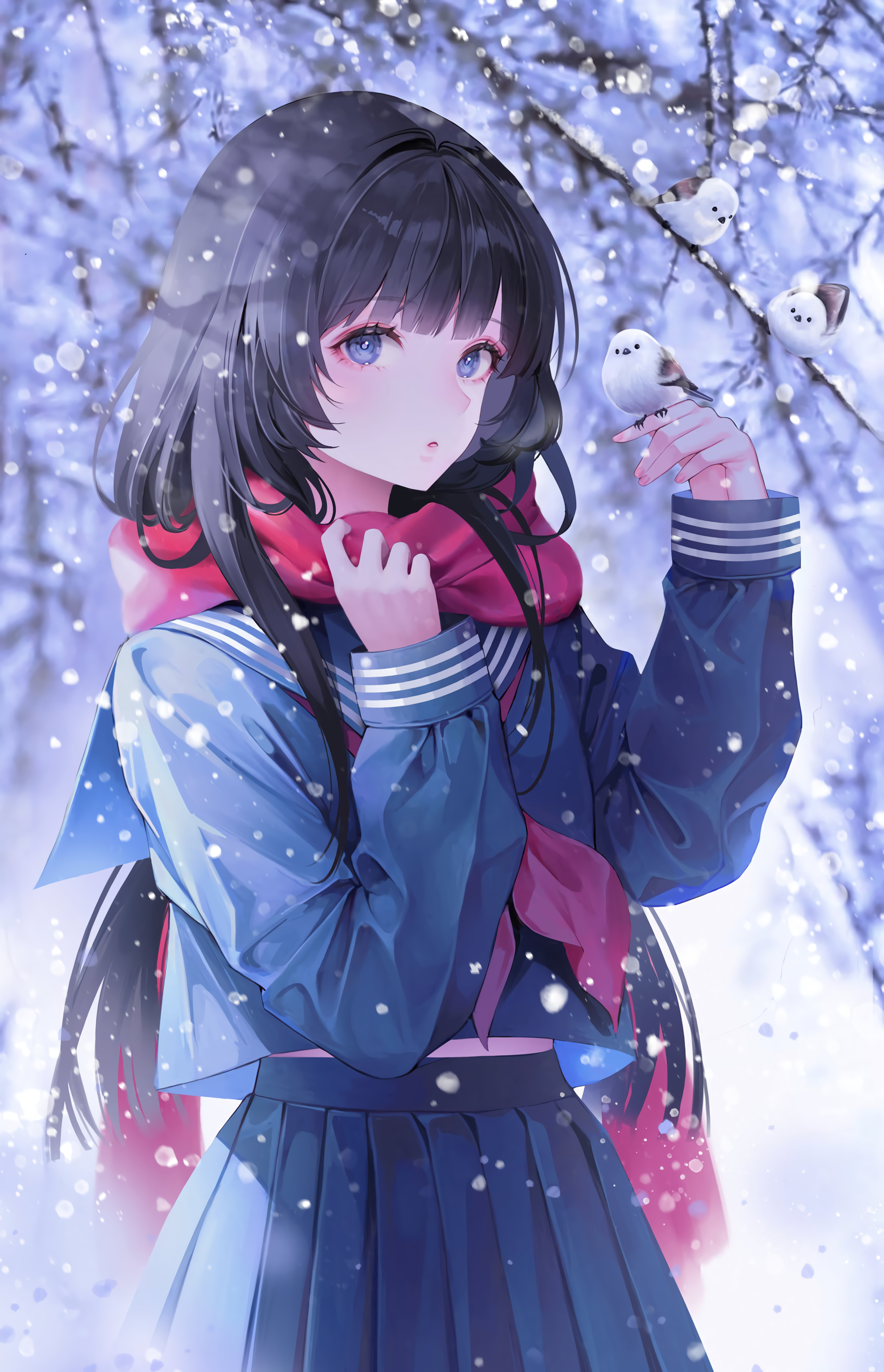 Anime Girls Schoolgirl School Uniform Snow Winter Scarf Dark Hair Birds Artwork Whois 1700x2638