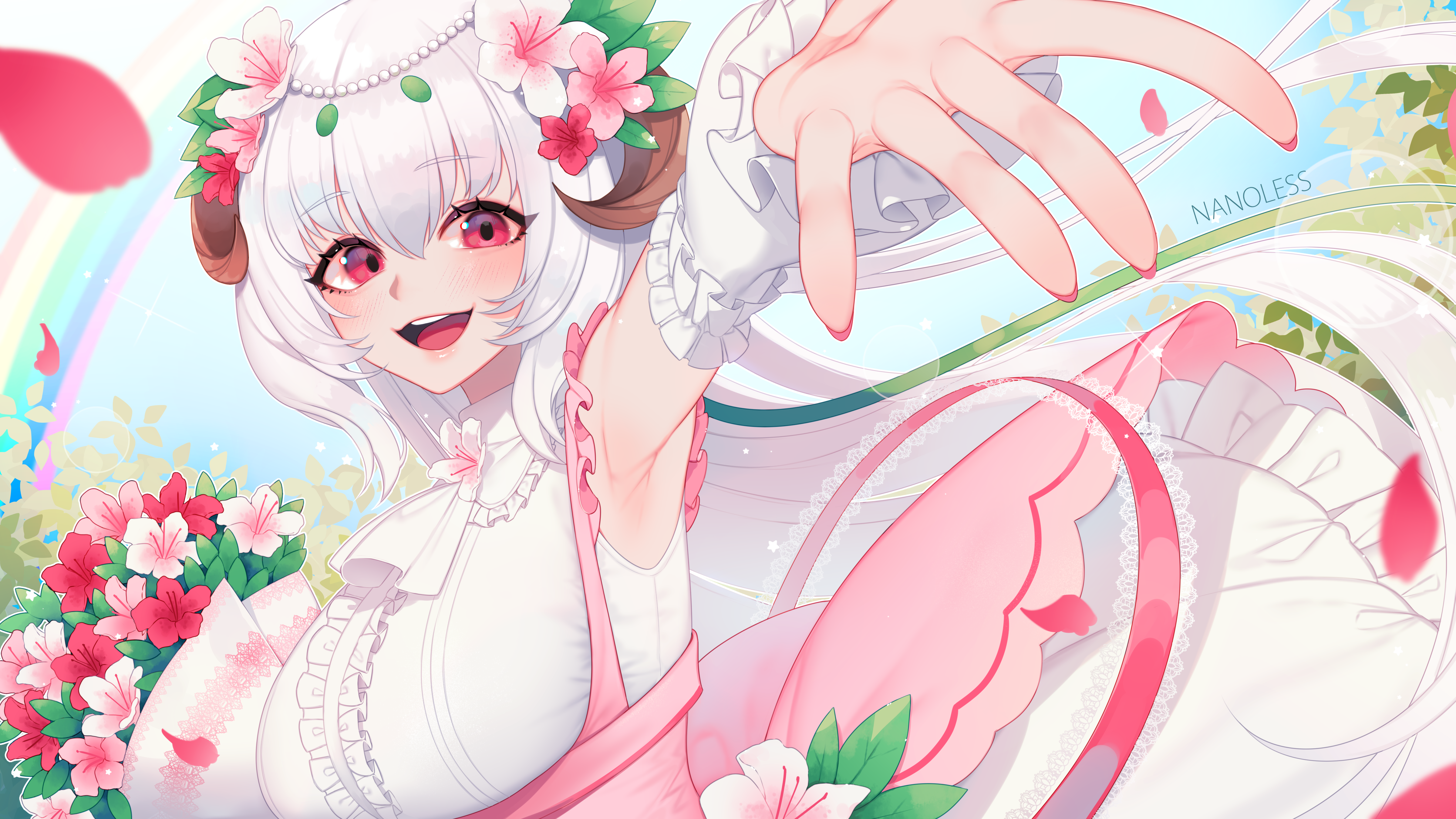 Momochi Tsutsuji Virtual Youtuber White Hair Horns Anime Girls Flowers Dress Blushing Happy Fantasy  4800x2700