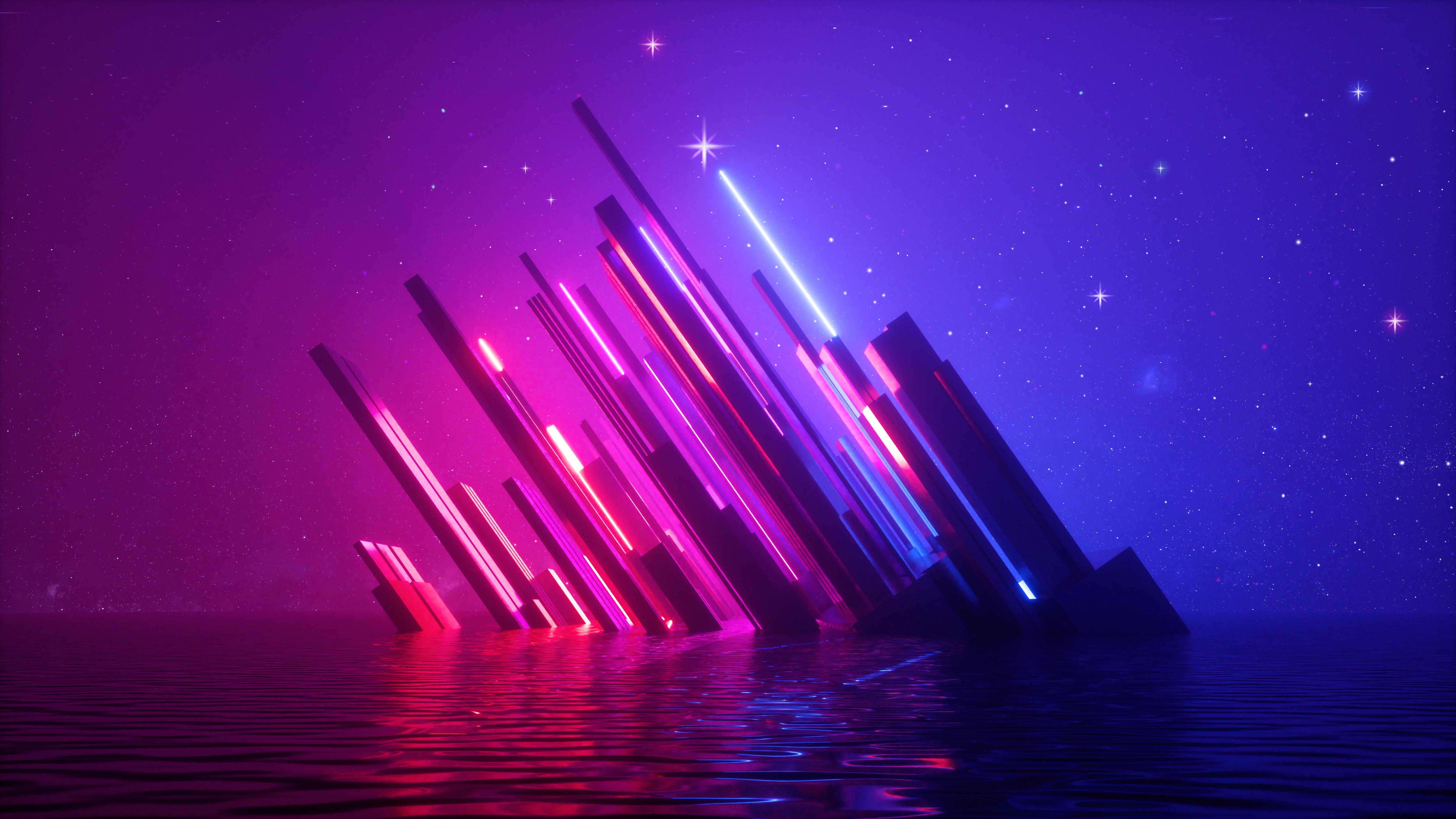 3D Abstract 3D Abstract Colorful Neon Lights Glowing Stars Water Reflection Render Laser Landscape 5000x2813