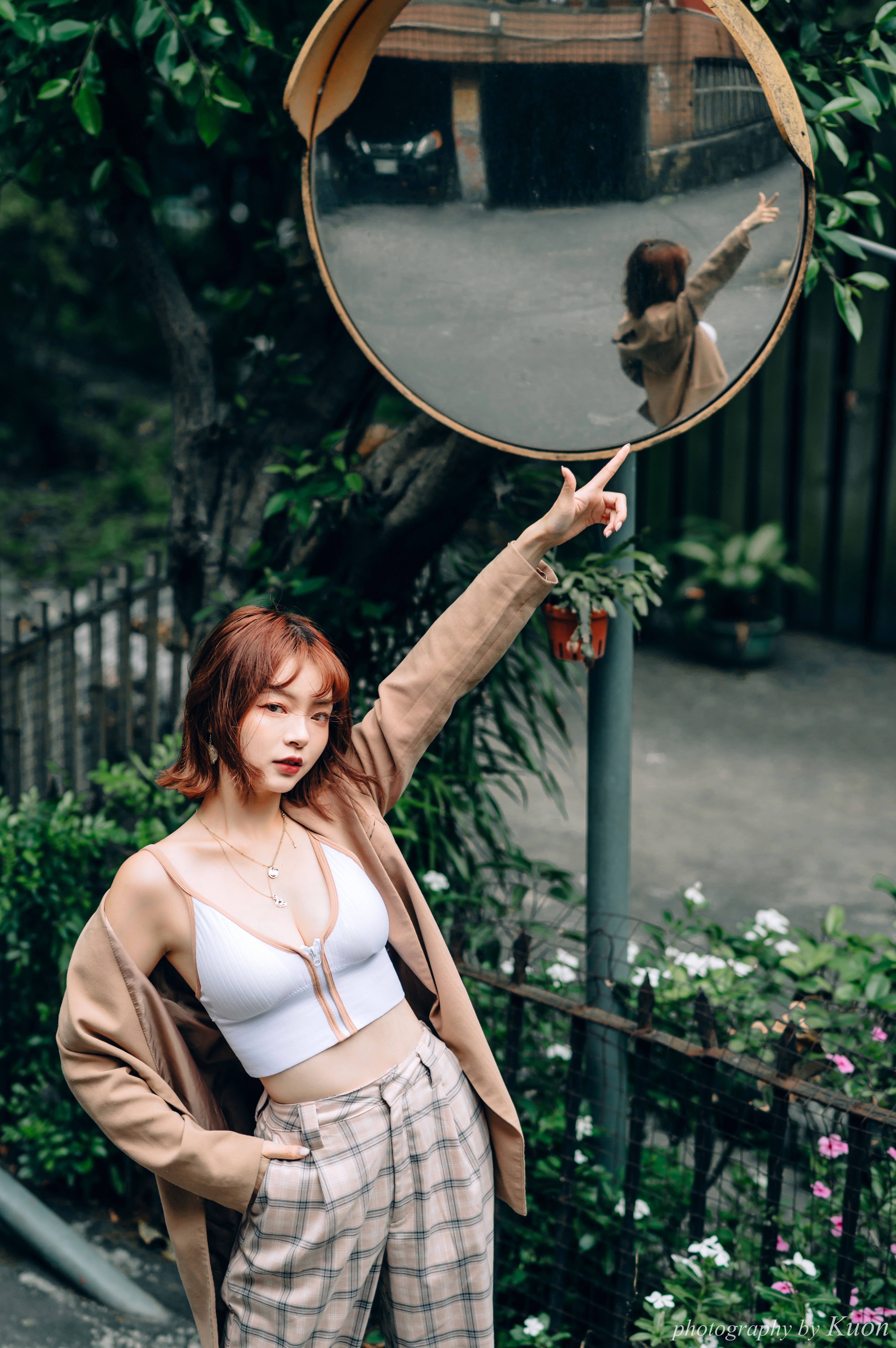 Asian Women Model Looking At Viewer Necklace Parted Lips Mirror Reflection White Tops Pants Coats Po 4024x6048